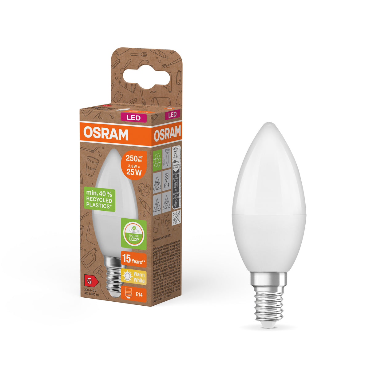 OSRAM LED PCR-LAMPEN MET CLASSIC B, LED-lamp, mat, 3,3 W, (ex 25 W), 250 lm, warmwit, 2700 K, 15.000 uur, CRI ≥80