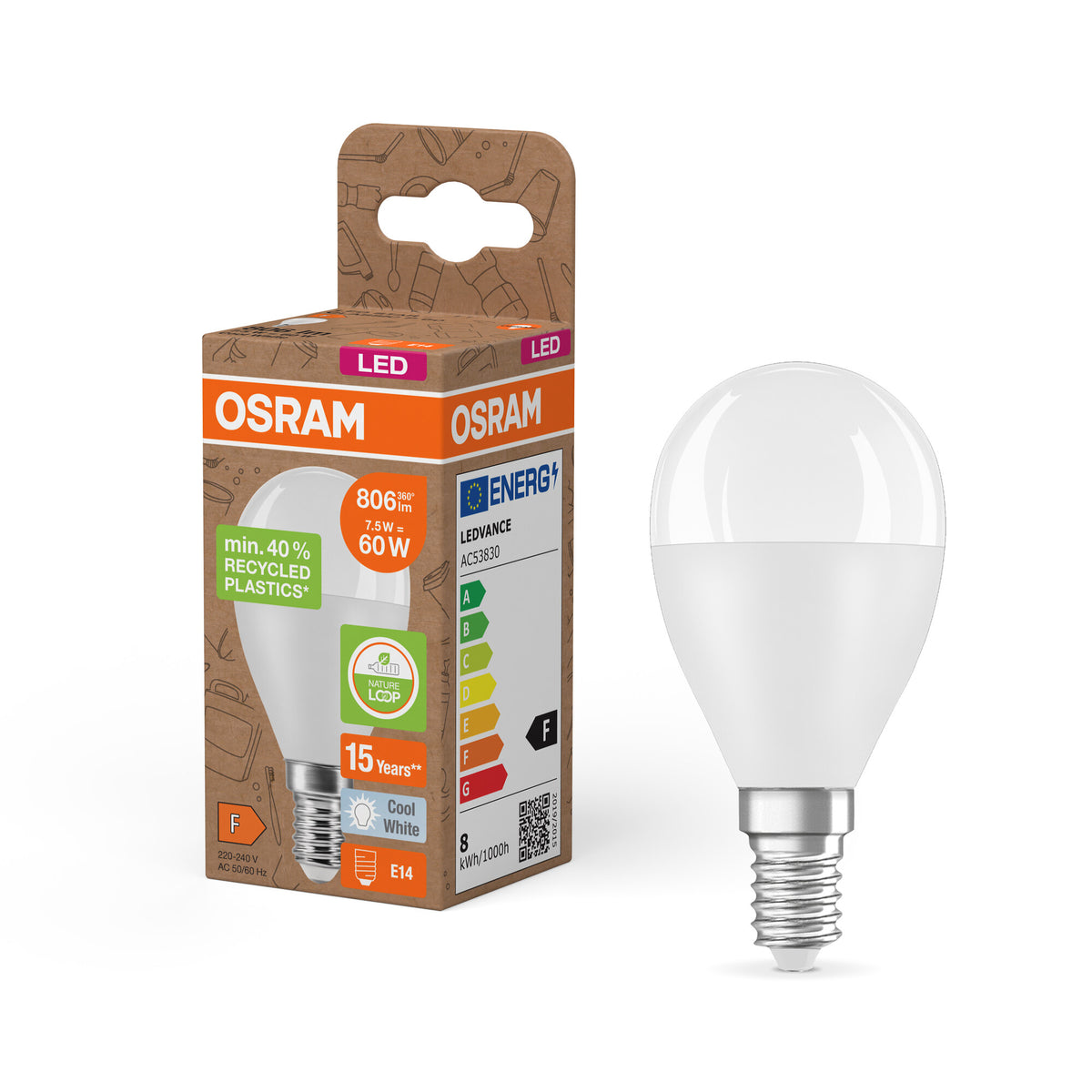 OSRAM LED PCR-LAMPEN MET CLASSIC P, LED-lamp, mat, 7,5 W, (ex 60 W), 806 lm, koudwit, 4000 K, 15.000 uur, CRI ≥80, PCR-recycling