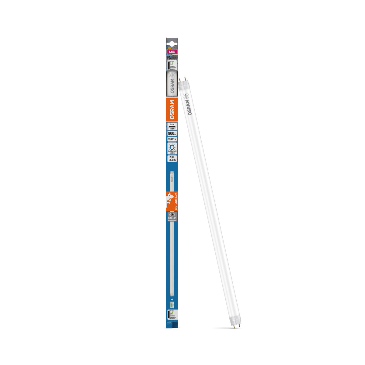 OSRAM LED TUBE T8 EM BIO-LUMILUX, LED-buis, loodvrij glas, mat, 6,6 W, (ex 18 W), 800 lm, koudwit, 6500 K, 30.000 uur, CRI 95