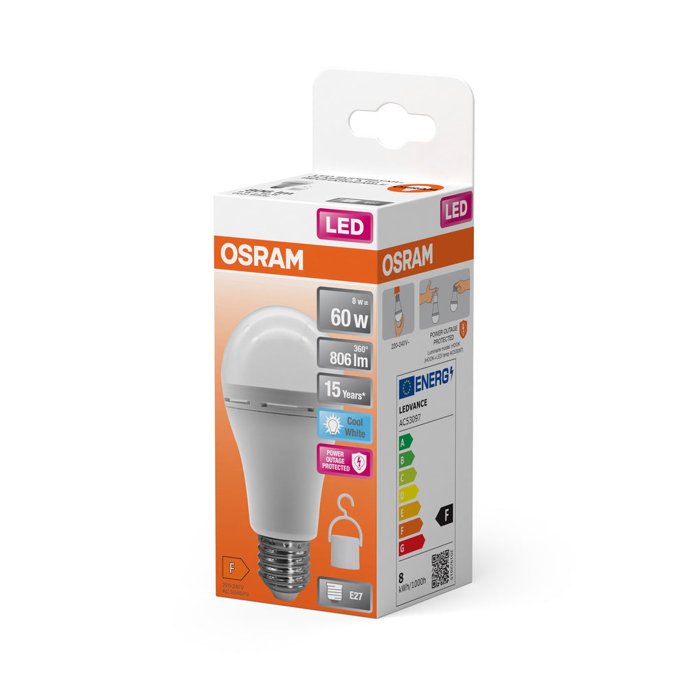 OSRAM LED Classic A 60 Camping Lampe / Notlicht mit integriertem wiederaufladbaren Akku (ex 60W) 8W Kaltweiß E27-Leuchtmittel-LEDVANCE Shop