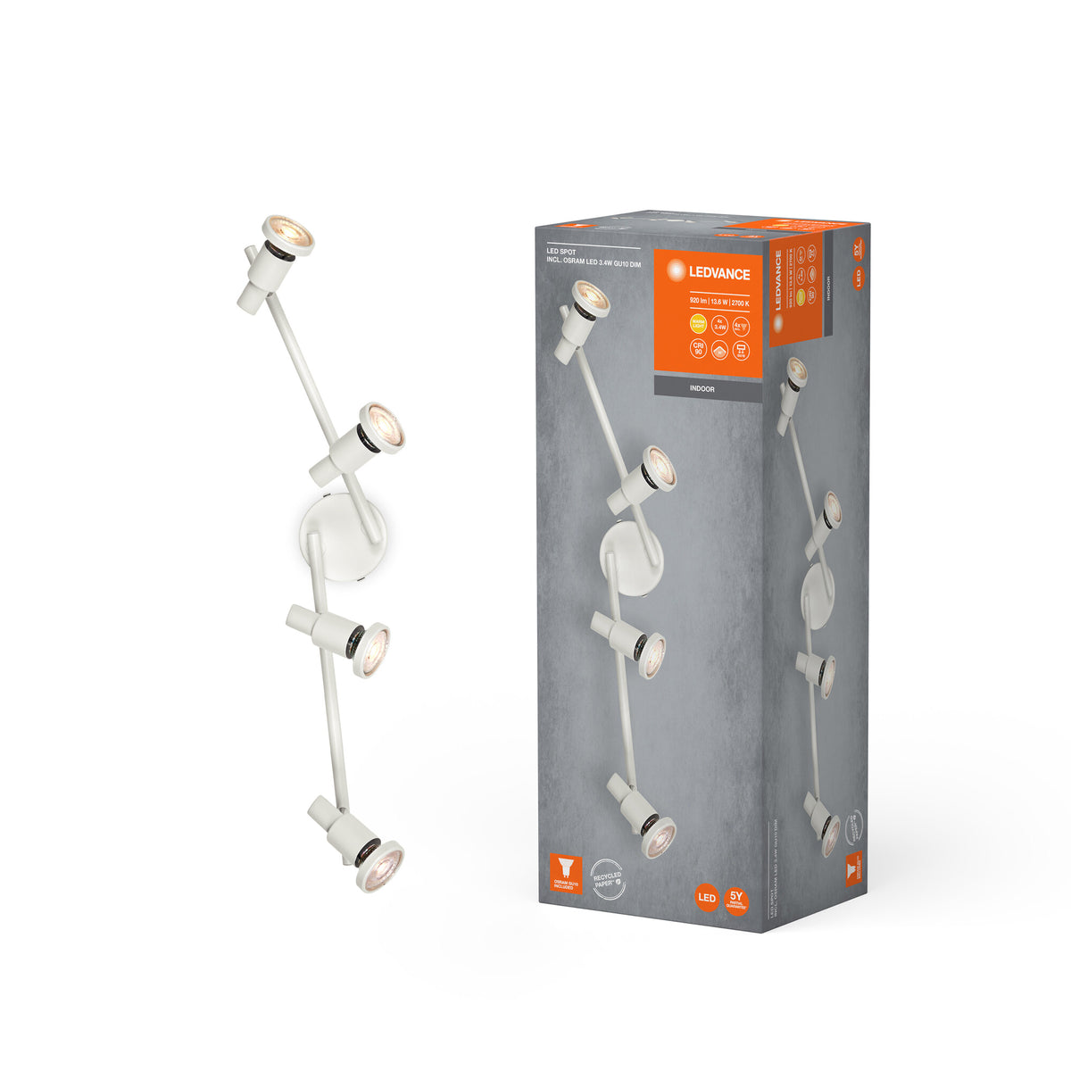 LEDVANCE LED-spot GU10 4 x 3,4 W, 920 lm, wit, 2.700 K kleurtemperatuur, warmwitte lichtkleur, tijdloos design, vervangbare LED-lamp, ideaal voor binnen, CRI 90, verstelbare koppen