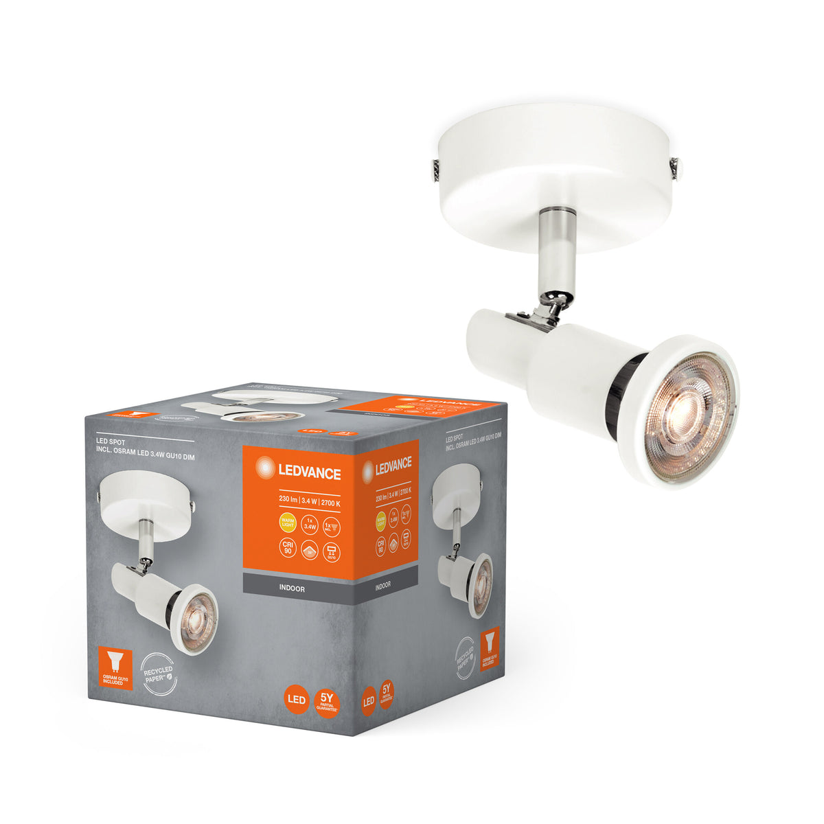 LEDVANCE LED-spot GU10 1 x 3,4 W, 230 lm, wit, 2.700 K kleurtemperatuur, warmwitte lichtkleur, tijdloos ontwerp, vervangbare LED-lamp, ideaal voor binnen, CRI 90, verstelbare koppen