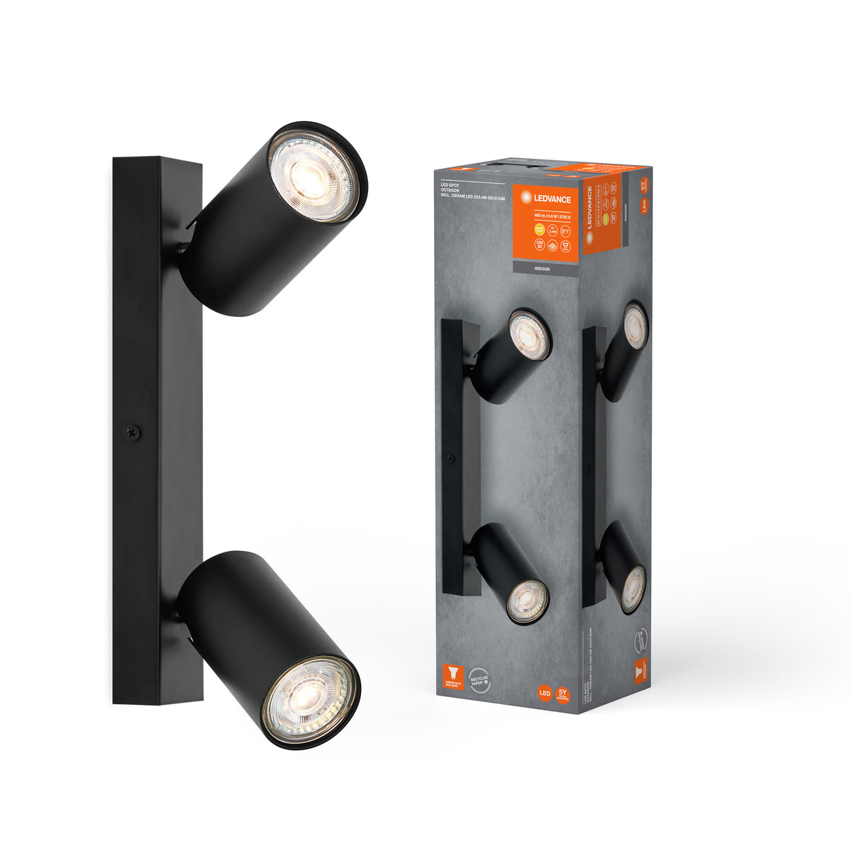 LEDVANCE LED SPOT OCTAGON 2 x 3,4 W, GU10, 460 lm, zwart, 2.700 K kleurtemperatuur, warmwitte lichtkleur, tijdloze, vervangbare LED-lamp, ideaal voor binnen, CRI 90, verstelbare koppen, dimbaar
