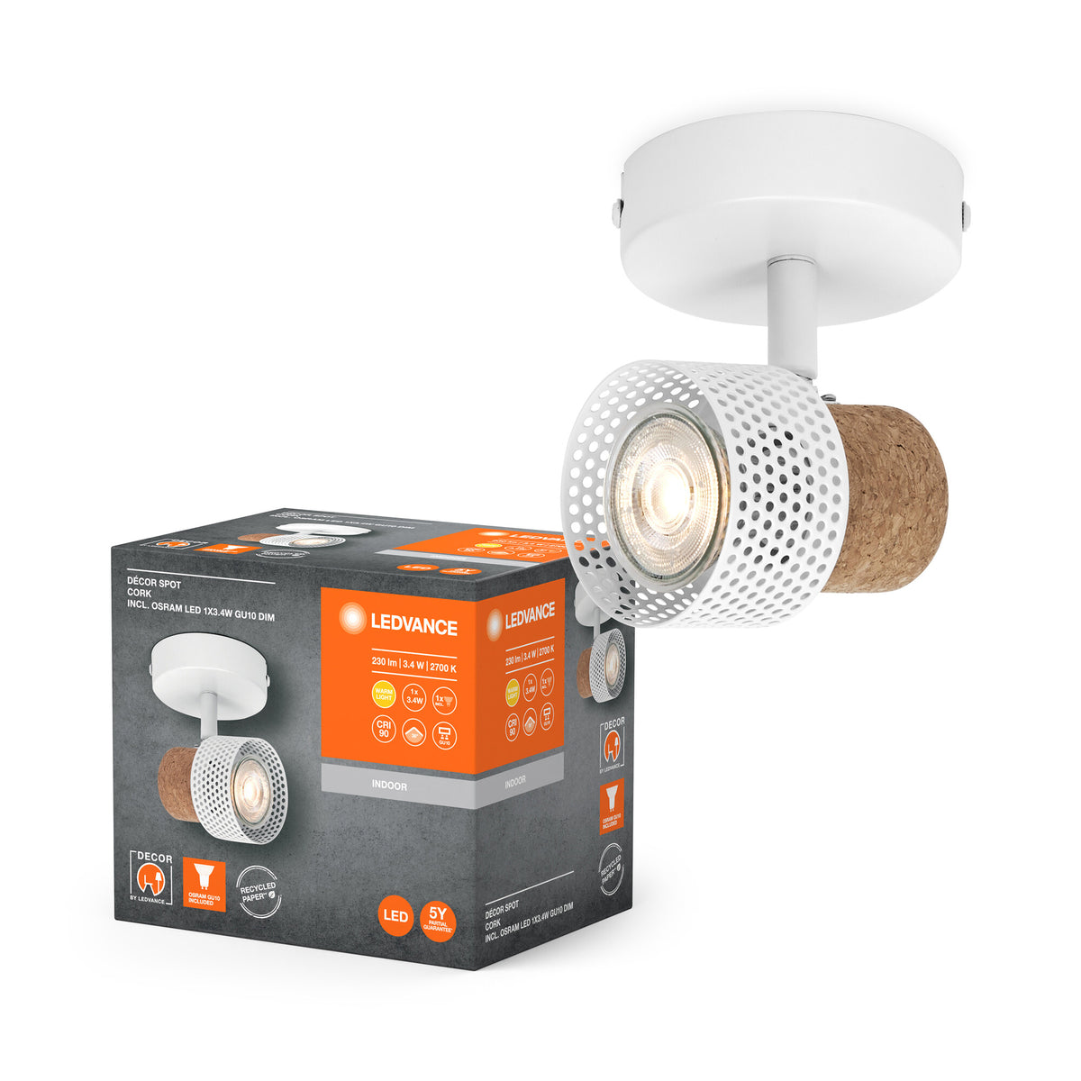 LEDVANCE DECOR SPOT CORK, 1 x 3,4 W, 230 lm, wit, spotlamp, verstelbare koppen, veelzijdig inzetbaar, spot voor binnen, verwisselbare LED-lampen, dimbaar, warmwitte lichtkleur, GU10
