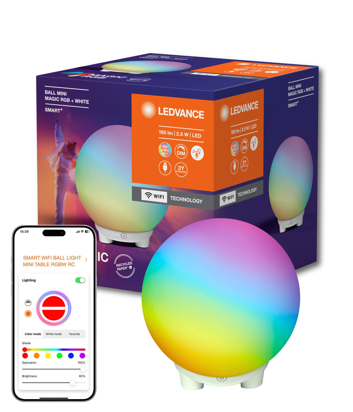 LEDVANCE SMART+ WIFI BALL LIGHT sfeerverlichting & tafellamp, zwart, 4 W, 130 lm, dynamisch Magic RGB-lichteffect, twee lichtbronnen, dimbaar, lange levensduur, eenvoudige montage, te bedienen via app, IP20