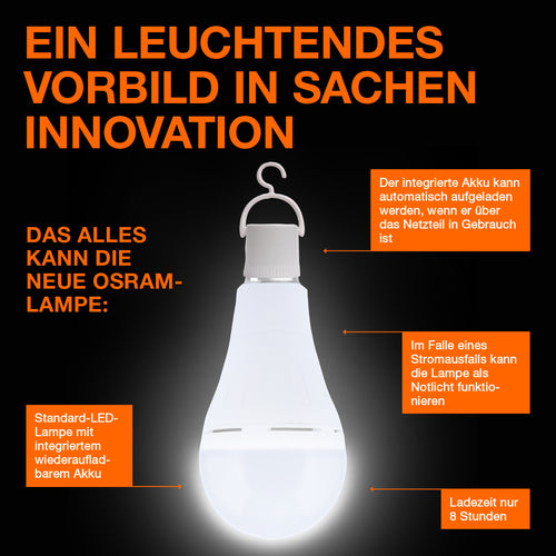 OSRAM LED Classic A 60 Camping Lampe / Notlicht mit integriertem wiederaufladbaren Akku (ex 60W) 8W Kaltweiß E27-Leuchtmittel-LEDVANCE Shop