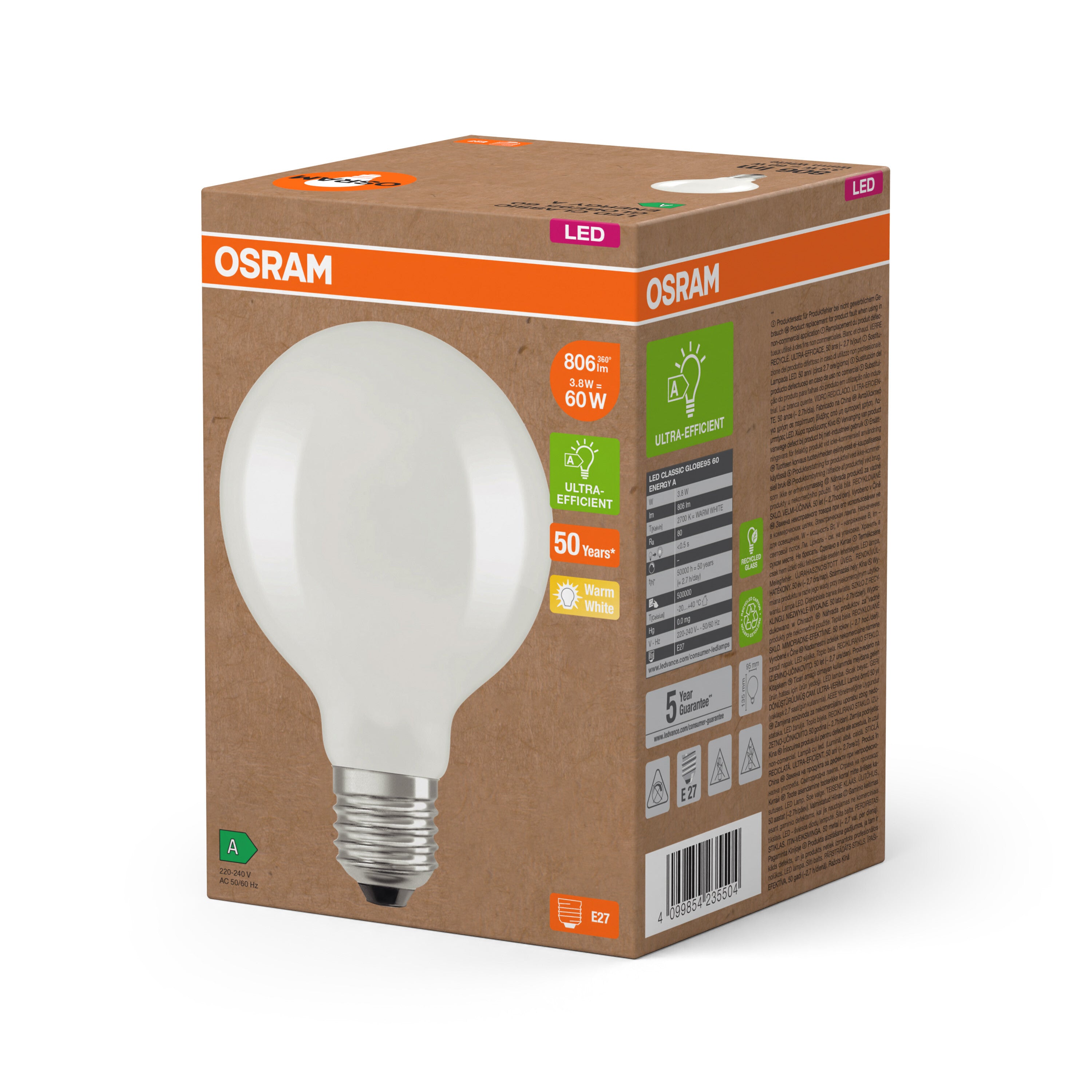 OSRAM LED Superstar Classic Globe Lampe Frosted, 3.8W, 806lm , Warmweiß , E27-LEDVANCE Shop
