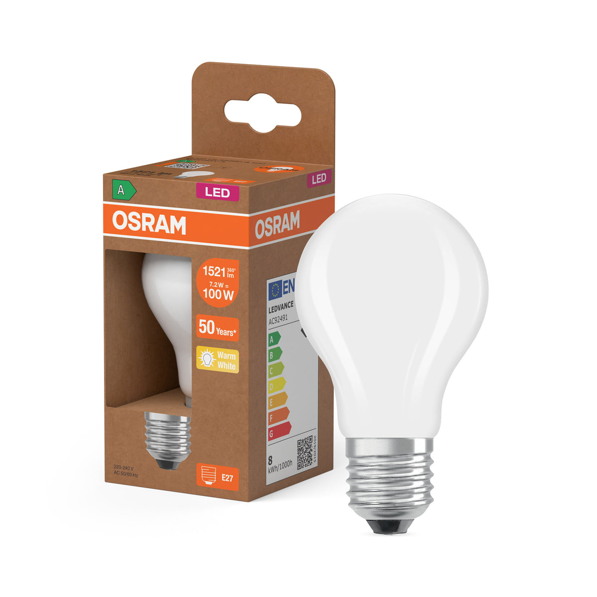 OSRAM LED LAMPS ENERGY CLASS A ENERGY EFFICIENCY FILAMENT CLASSIC A in A-Form, LED-Lampe, Bleifreies Glas, Matt, 7,2 W, 1521 lm, Warmweiß, Energieeffizienzklasse: A