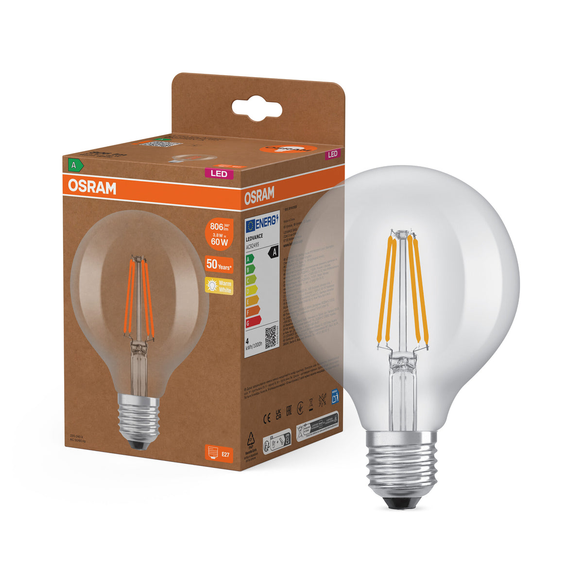 OSRAM LED LAMPS ENERGY CLASS A ENERGY EFFICIENCY FILAMENT CLASSIC Globe in Globusform-Form, LED-Lampe, Bleifreies Glas, Klar, 806 lm, Warmweiß, Energieeffizienzklasse: A
