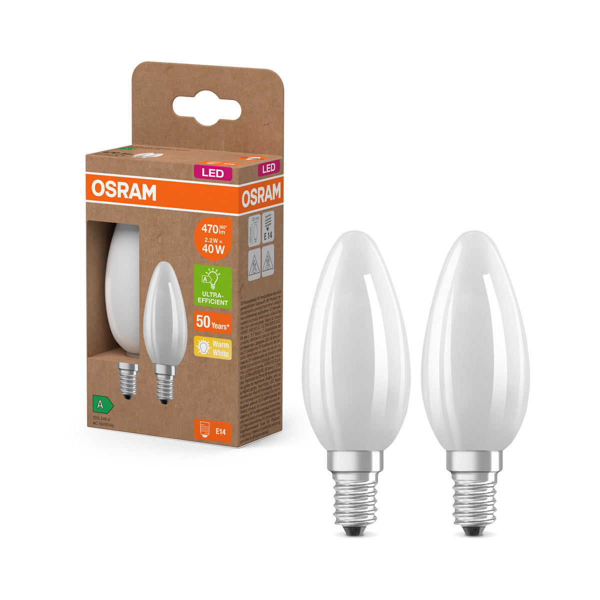 OSRAM LED Superstar Classic Lampe Frosted, 2.2W, 470lm, E14, Warmweiß 2er Pack-LEDVANCE Shop