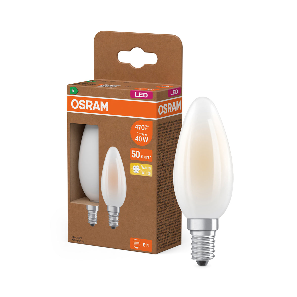 OSRAM LED CLASSIC B ENERGIE-EFFICIËNTIEKLASSE A in B-vorm, LED-lamp, loodvrij glas, mat, 2,2 W, (ex 40 W), 470 lm, warmwit, 2700 K, energie-efficiëntieklasse: A, CRI 80, set van 2