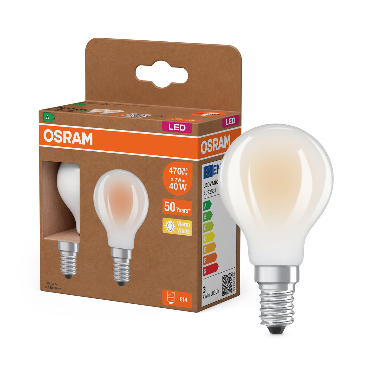 OSRAM LED CLASSIC P ENERGIE-EFFICIËNTIEKLASSE A in P-vorm, LED-lamp, loodvrij glas, mat, 2,2 W, (ex 40 W), 470 lm, warmwit, 2700 K, energie-efficiëntieklasse: A, CRI 80, set van 2