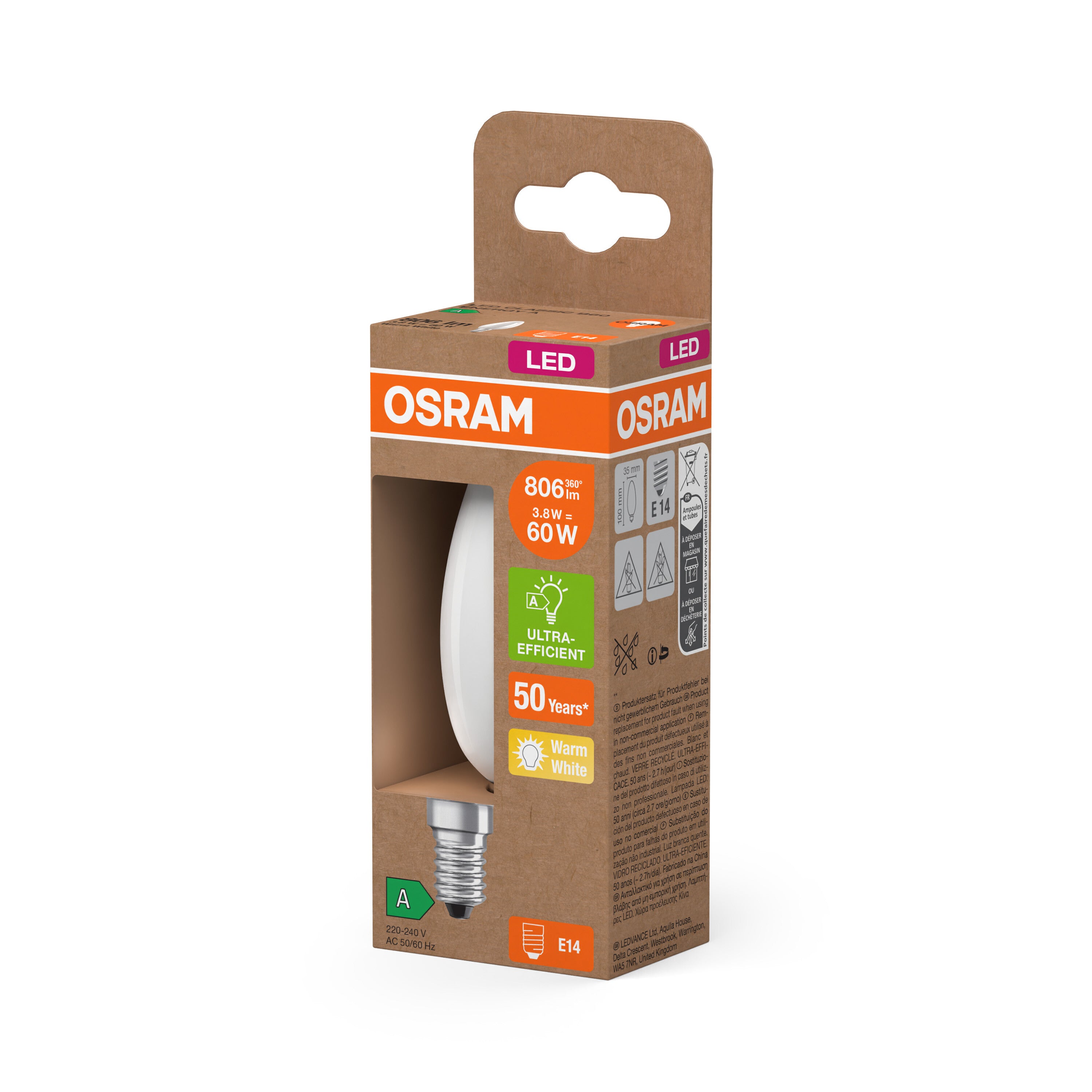 OSRAM Energy Class LED-Lampe, Kerze, 3.8W, Frosted, EEK A , Warmweiß , E14-LEDVANCE Shop