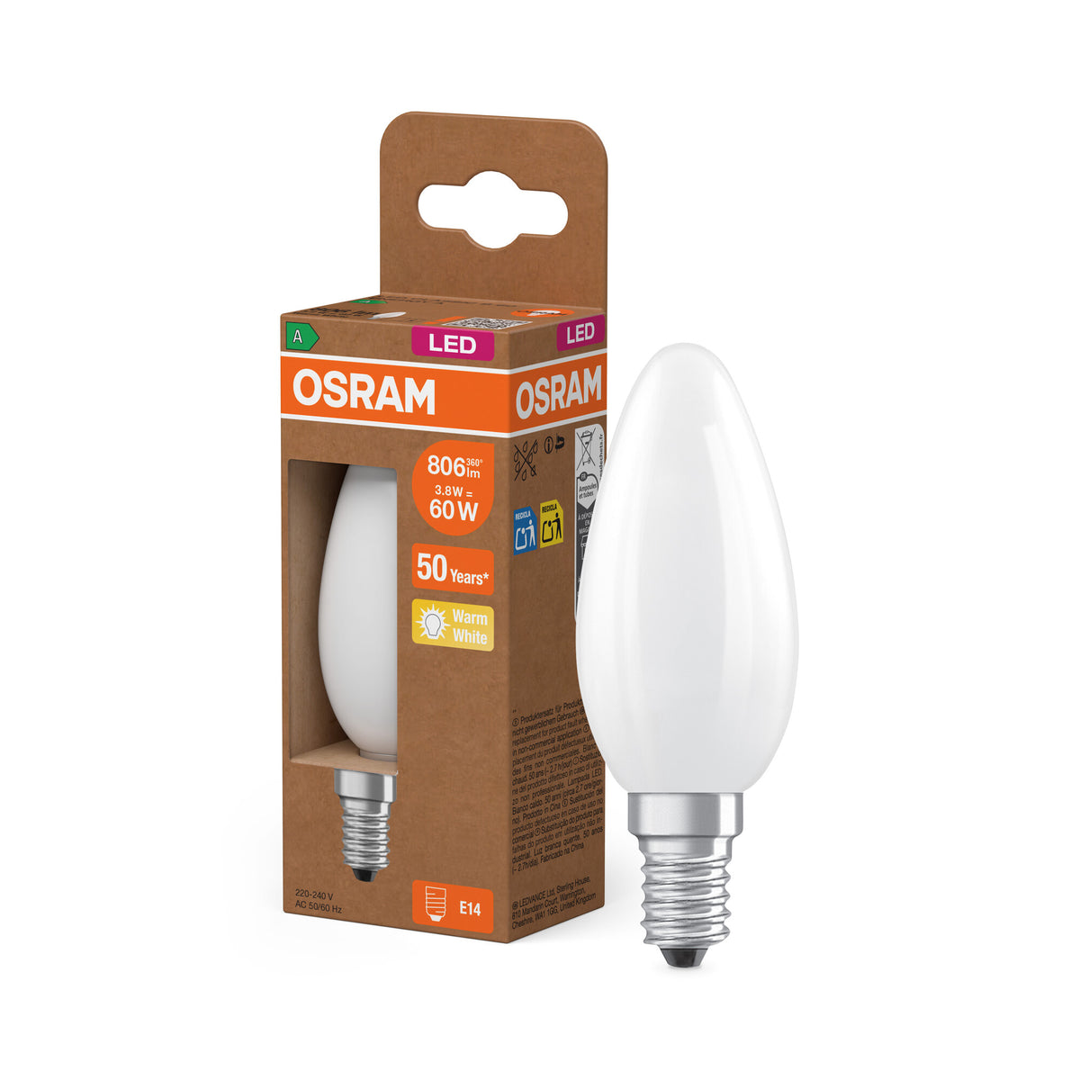 OSRAM LED CLASSIC B ENERGIE-EFFICIËNTIEKLASSE A in B-vorm, LED-lamp, loodvrij glas, mat, 3,8 W, (voorheen 60 W), 806 lm, warmwit, 2700 K, energie-efficiëntieklasse: A, CRI 80