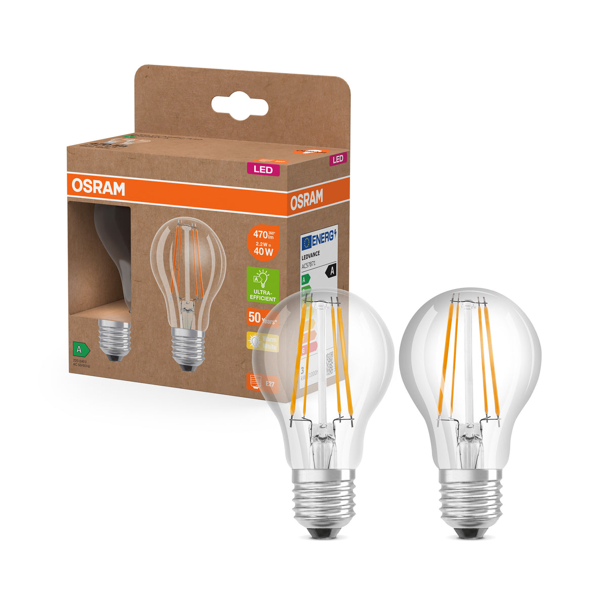 OSRAM LED Superstar Classic Lampe Klar, 2.2W, 470lm, E27, Warmweiß 2er Pack , Warmweiß-LEDVANCE Shop