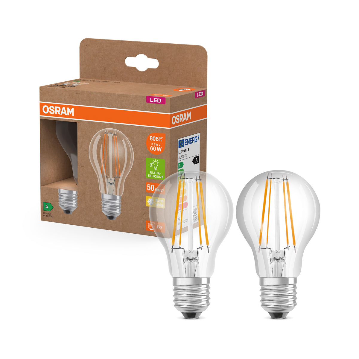 OSRAM LED Superstar Classic Lampe Klar, 3.8W, 806lm, E27, Warmweiß 2er Pack-LEDVANCE Shop