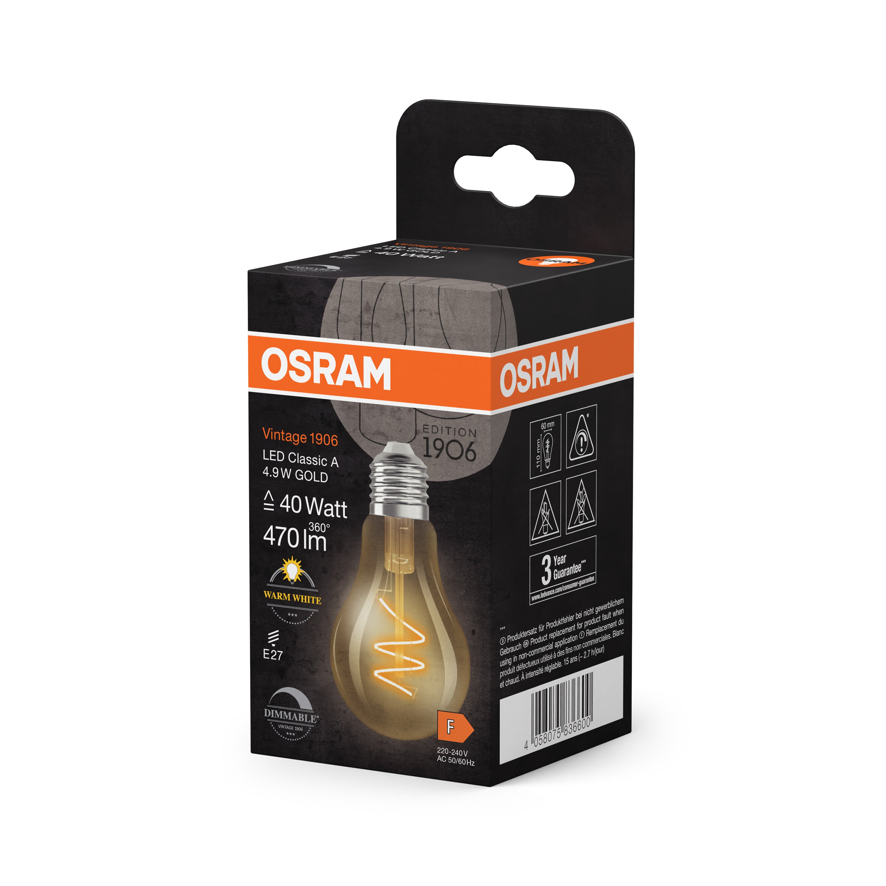 OSRAM Vintage 1906 Classic LED-Lampe Gold, 4.9W, 470lm, 60mm , Warmweiß , E27-LEDVANCE Shop