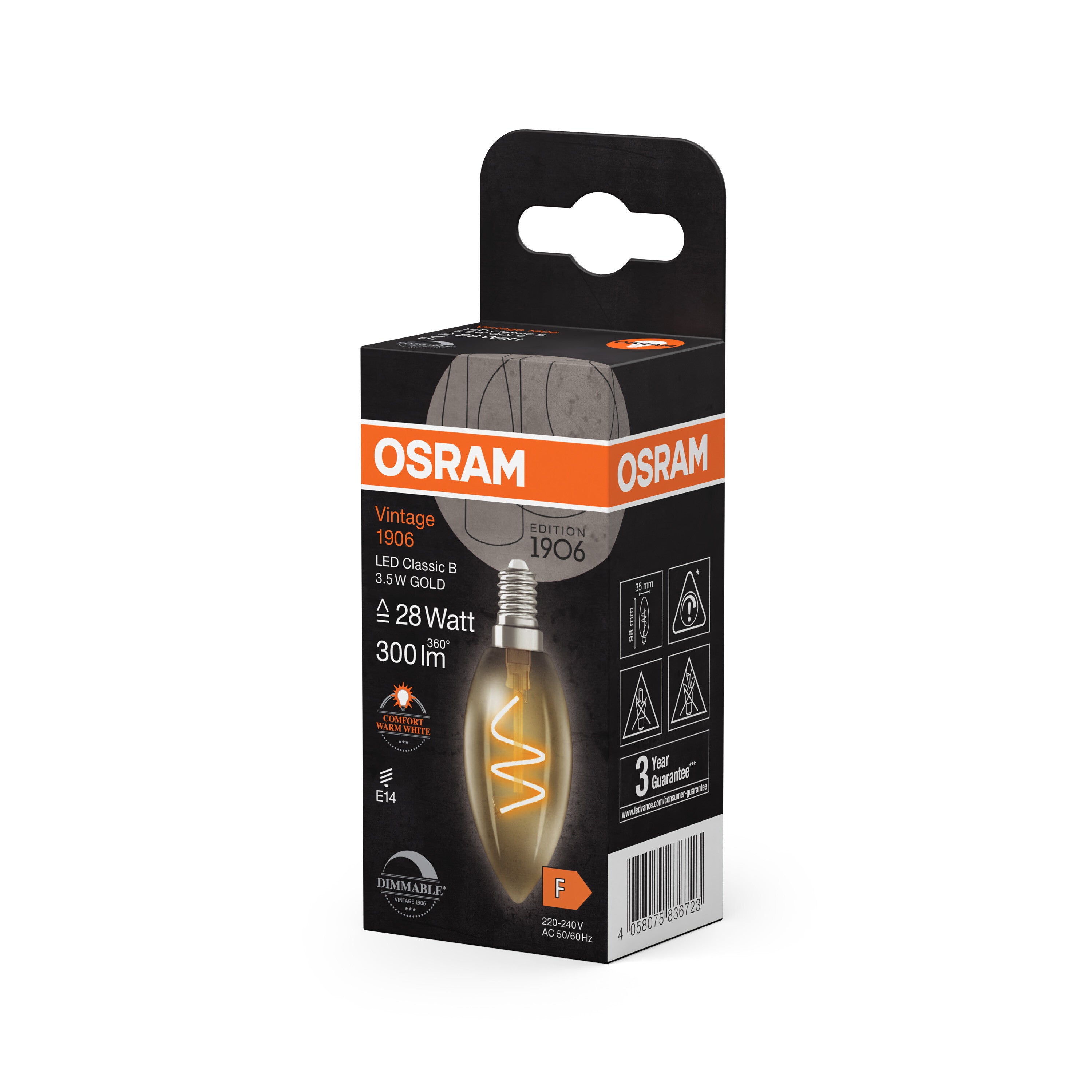 OSRAM Vintage 1906 Classic LED-Lampe Gold, 3.5W, 300lm, E14 , Comfort warm white-LEDVANCE Shop