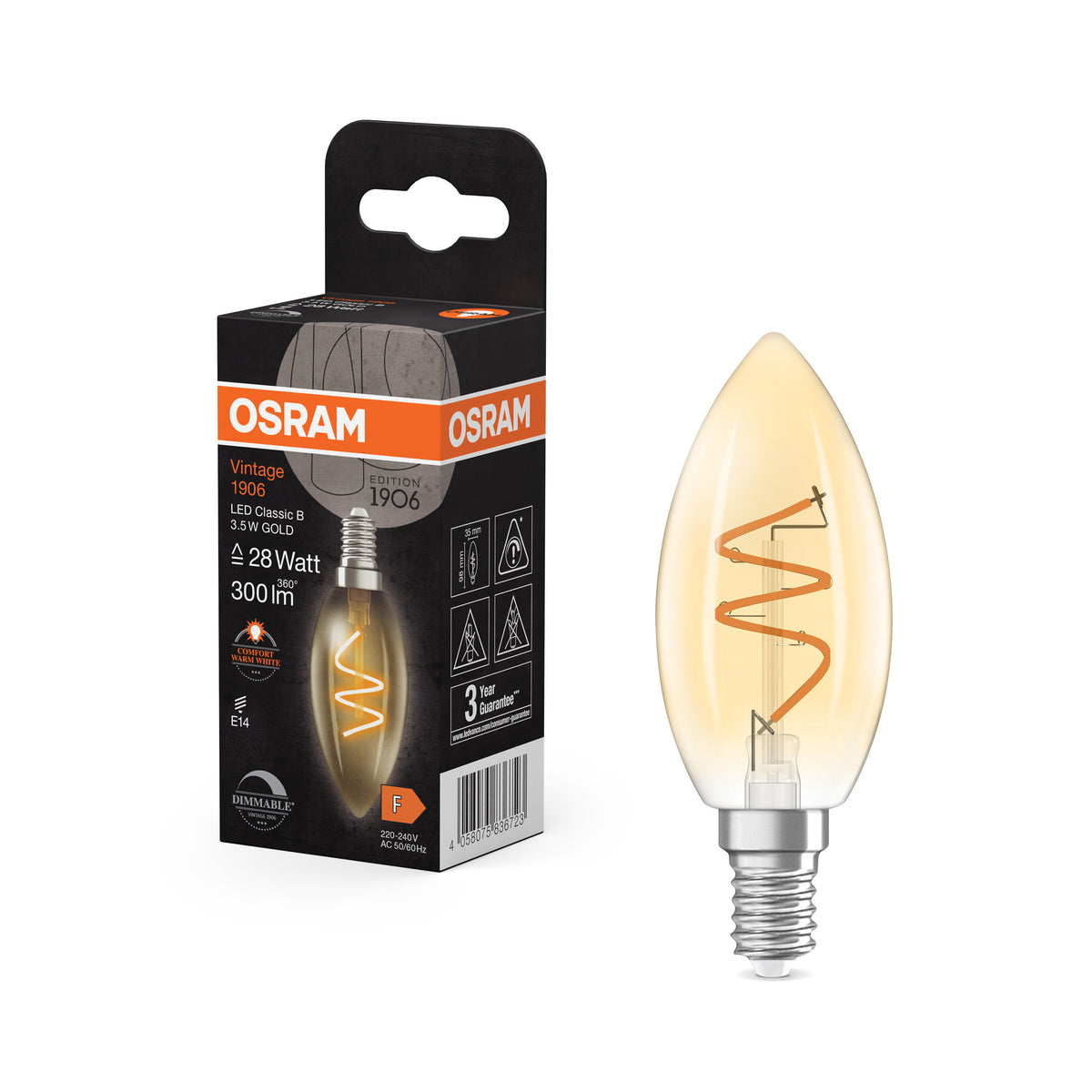 OSRAM Vintage 1906 Classic LED-Lampe Gold, 3.5W, 300lm, E14 , Comfort warm white-LEDVANCE Shop