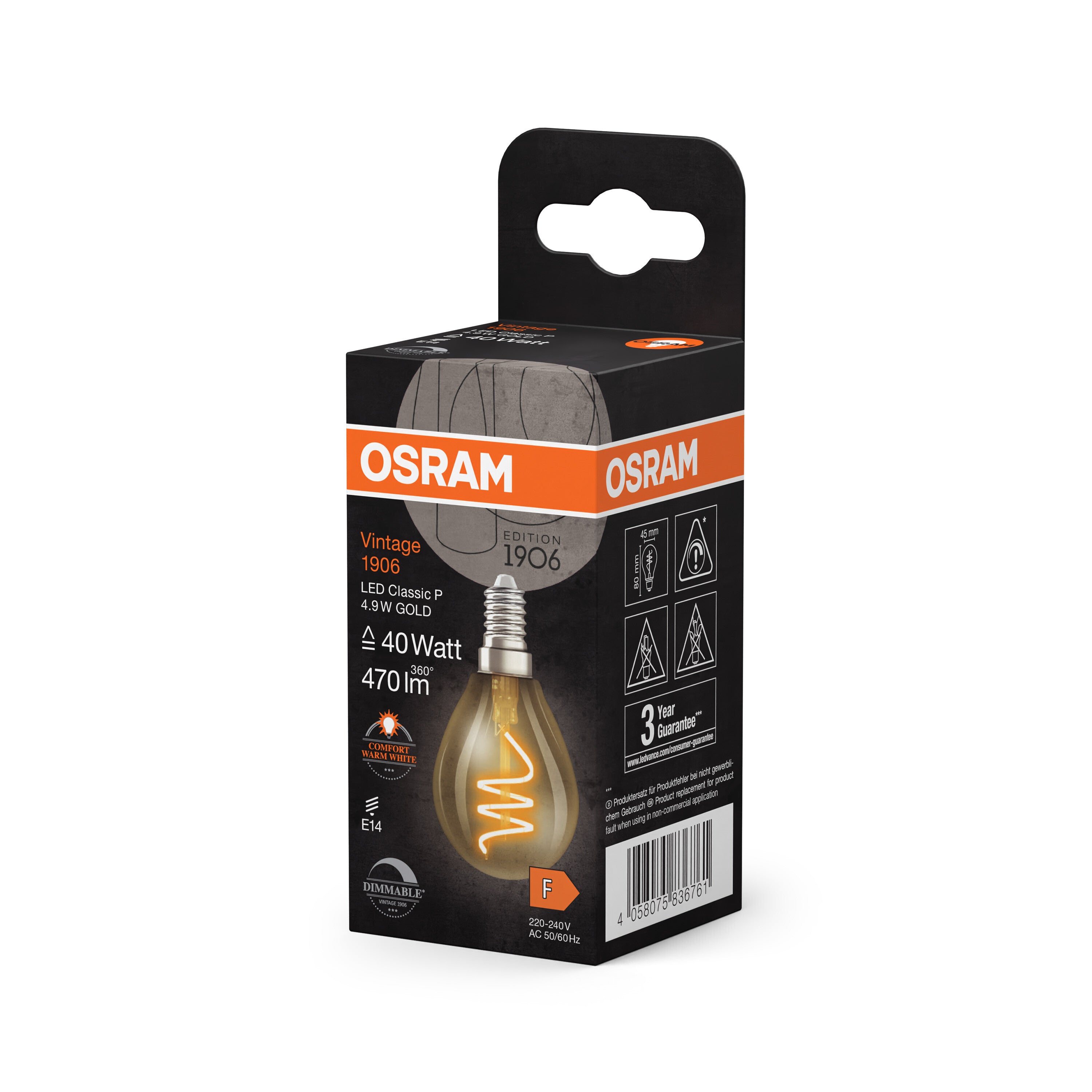 OSRAM Vintage 1906 Classic LED-Lampe Gold, 4.9W, 470lm, E14 , Comfort warm white-LEDVANCE Shop