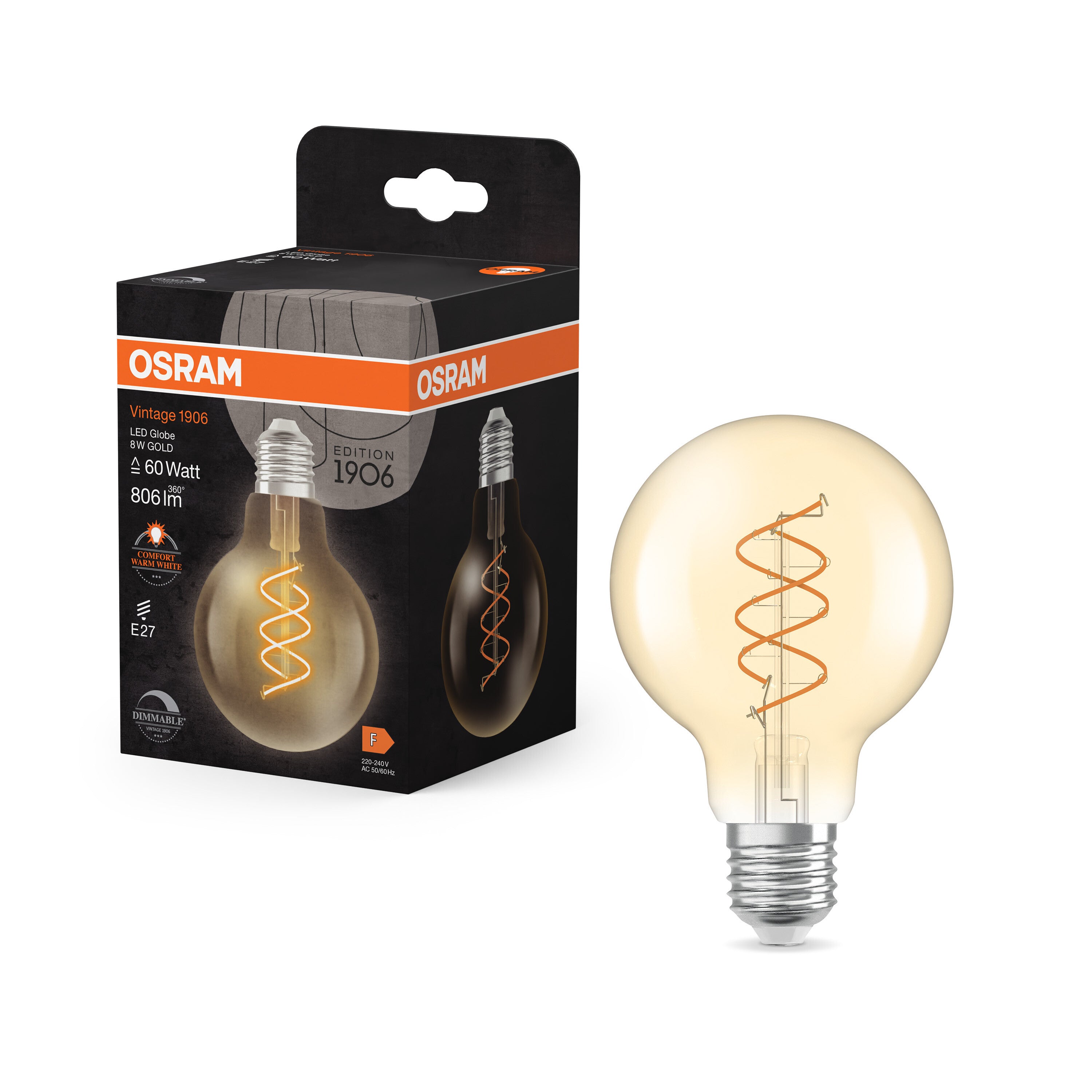 OSRAM Vintage 1906 Globe LED-Lampe Gold, 8W, 806lm, 2200K , Comfort warm white , E27-LEDVANCE Shop