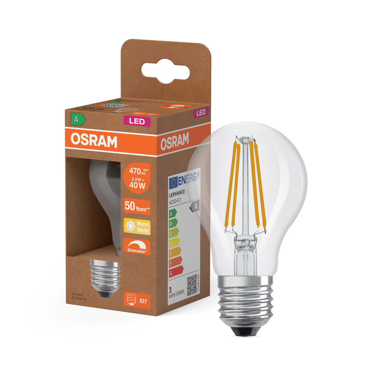 OSRAM LED CLASSIC A ENERGY EFFICIENCY A DIM in A-vorm, LED-lamp, loodvrij glas, helder, 2,2 W, (ex 40 W), 470 lm, warmwit, 2700 K, dimbaar, energie-efficiëntieklasse: A
