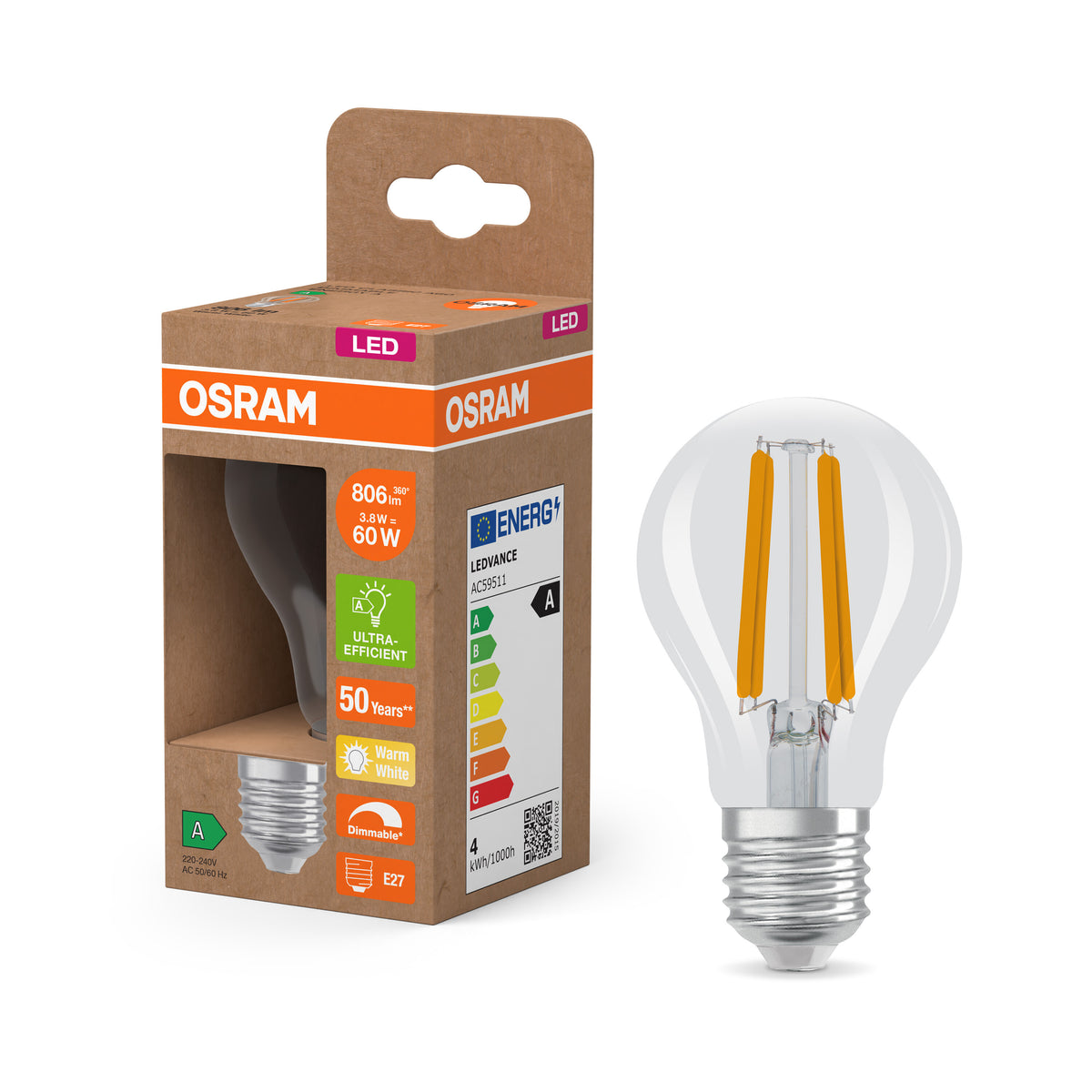 OSRAM Energy Class LED-Lampe, 3.8W, 806lm, Klar, E27 , Warmweiß-LEDVANCE Shop