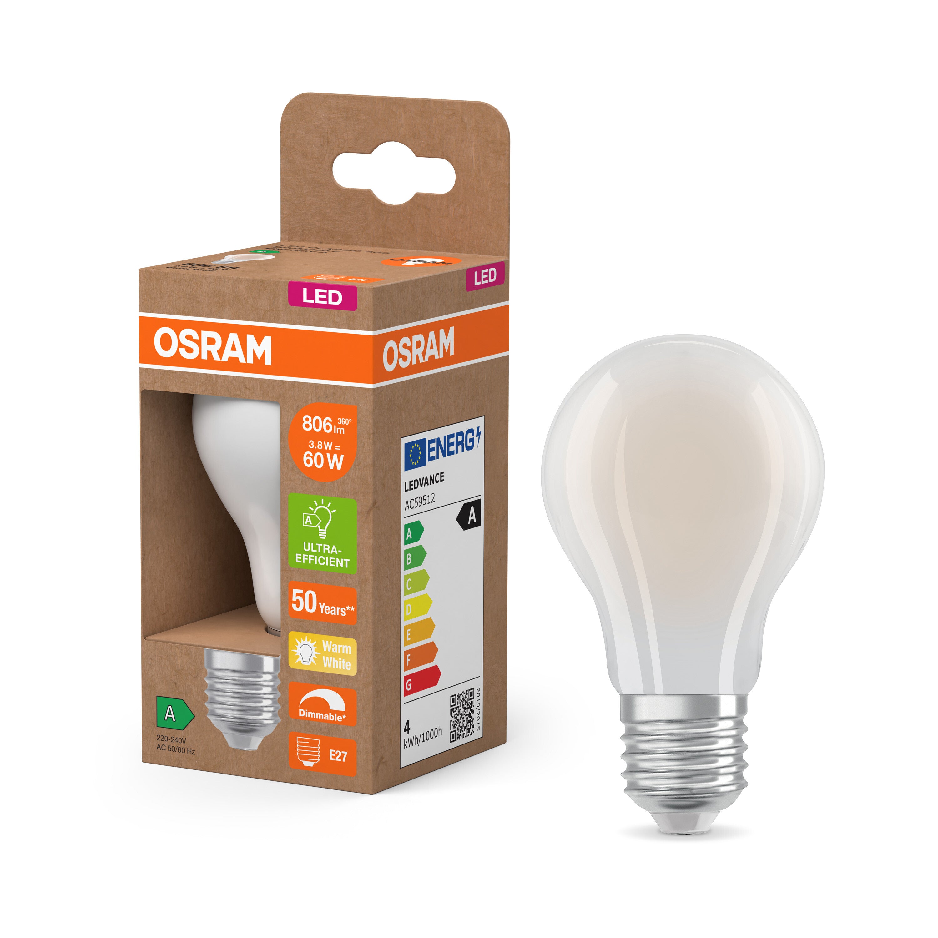 OSRAM Energy Class LED-Lampe, 3.8W, 806lm, Frosted, E27 , Warmweiß-LEDVANCE Shop