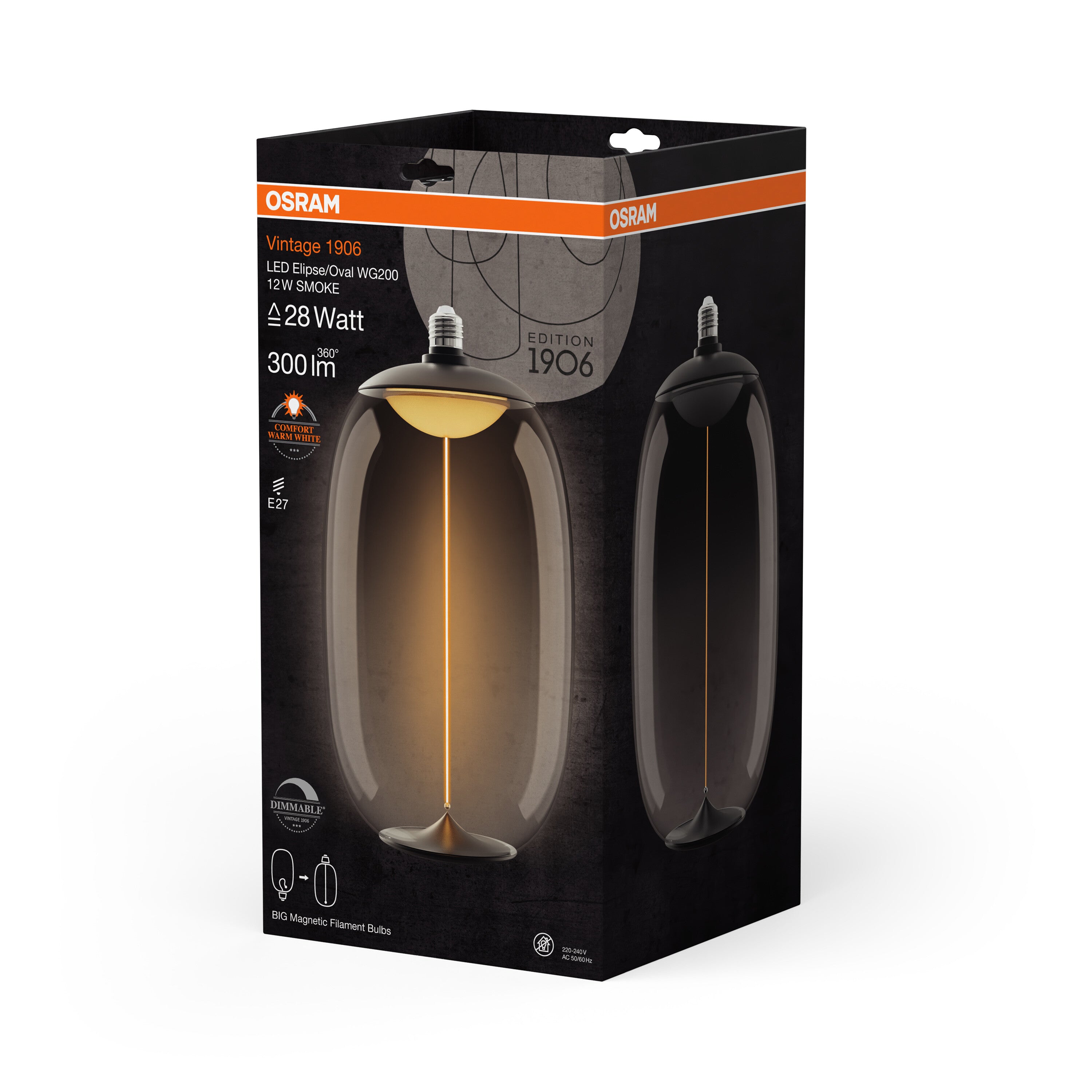OSRAM Vintage 1906®LED BIG DECORATIVE BULB WITH FILAMENT-MAGNETIC STYLE LED-Lampe Smoke, dimmbar, 12W, E27, ELIPSE OVAL , Comfort warm white-Leuchtmittel-LEDVANCE Shop