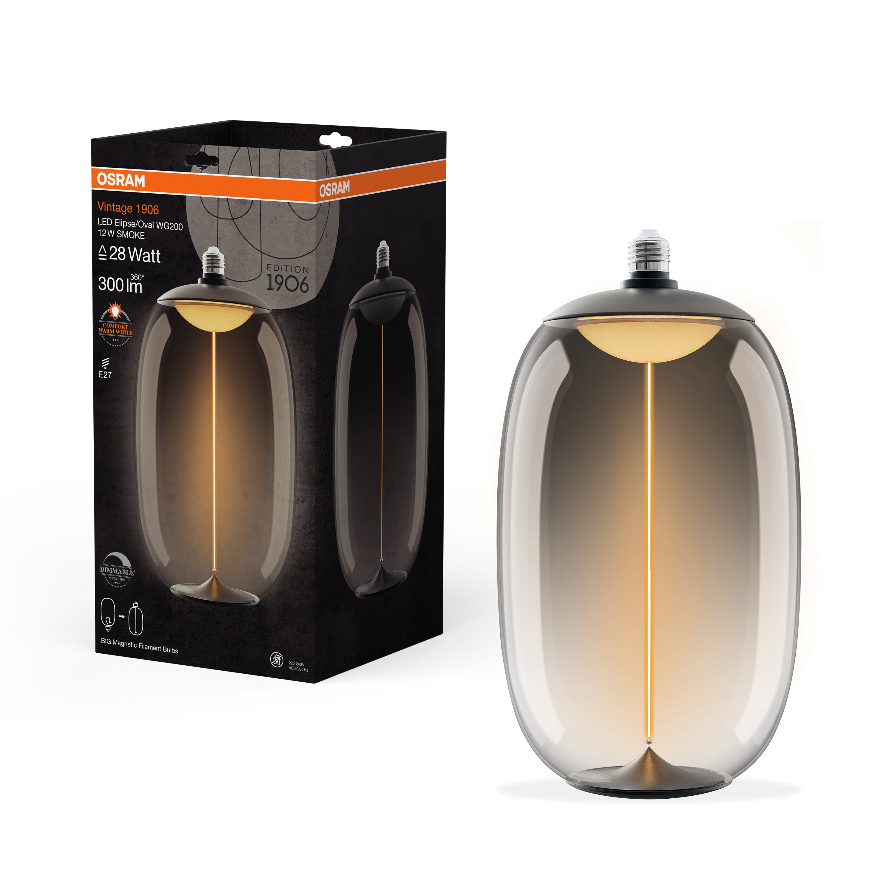 OSRAM Vintage 1906®LED BIG DECORATIVE BULB WITH FILAMENT-MAGNETIC STYLE LED-Lampe Smoke, dimmbar, 12W, E27, ELIPSE OVAL , Comfort warm white-Leuchtmittel-LEDVANCE Shop