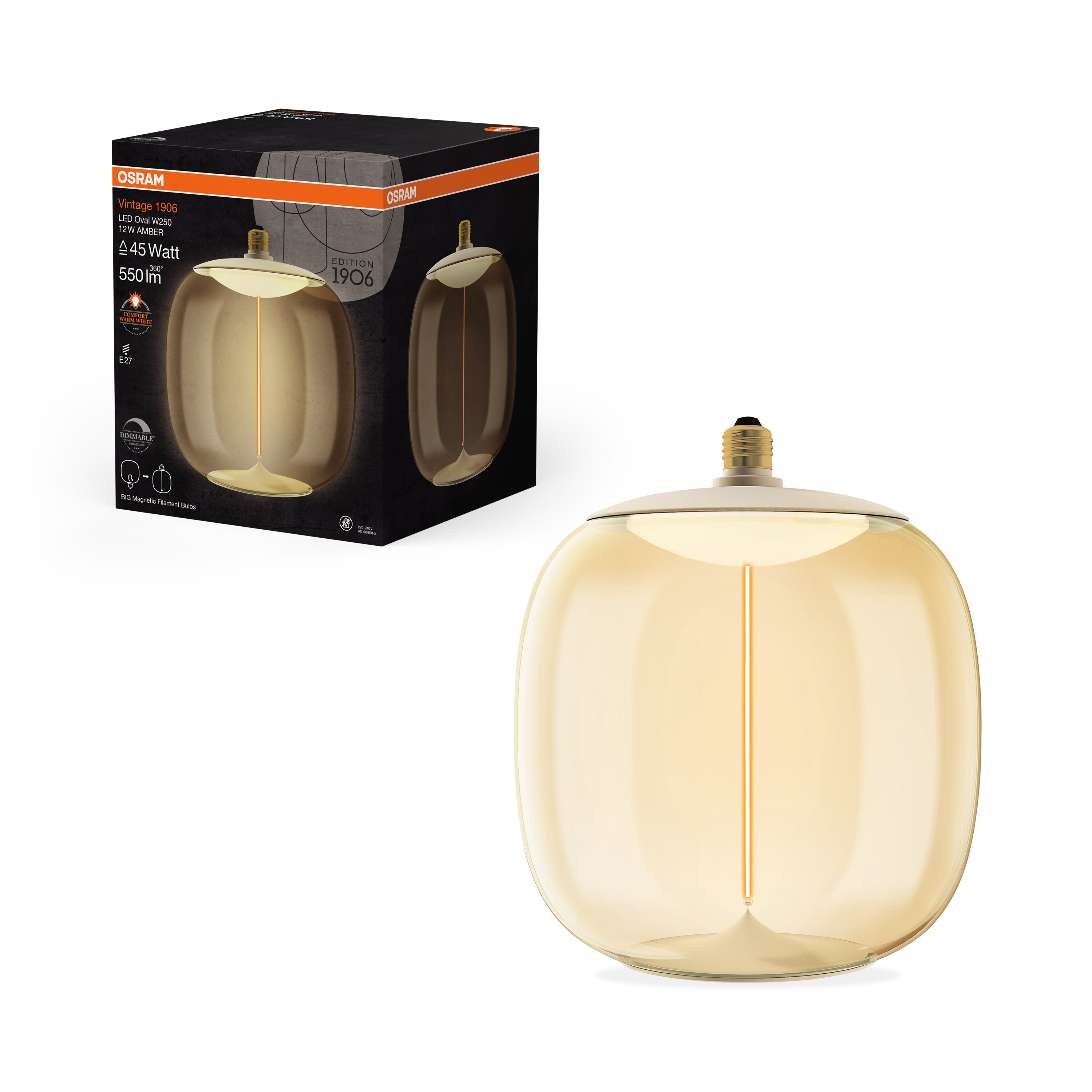 OSRAM Vintage 1906® LED BIG DECORATIVE BULB WITH FILAMENT-MAGNETIC STYLE LED-Lampe Amber, 12W, 550lm, dimmbar, E27, OVAL , Comfort warm white-Leuchtmittel-LEDVANCE Shop