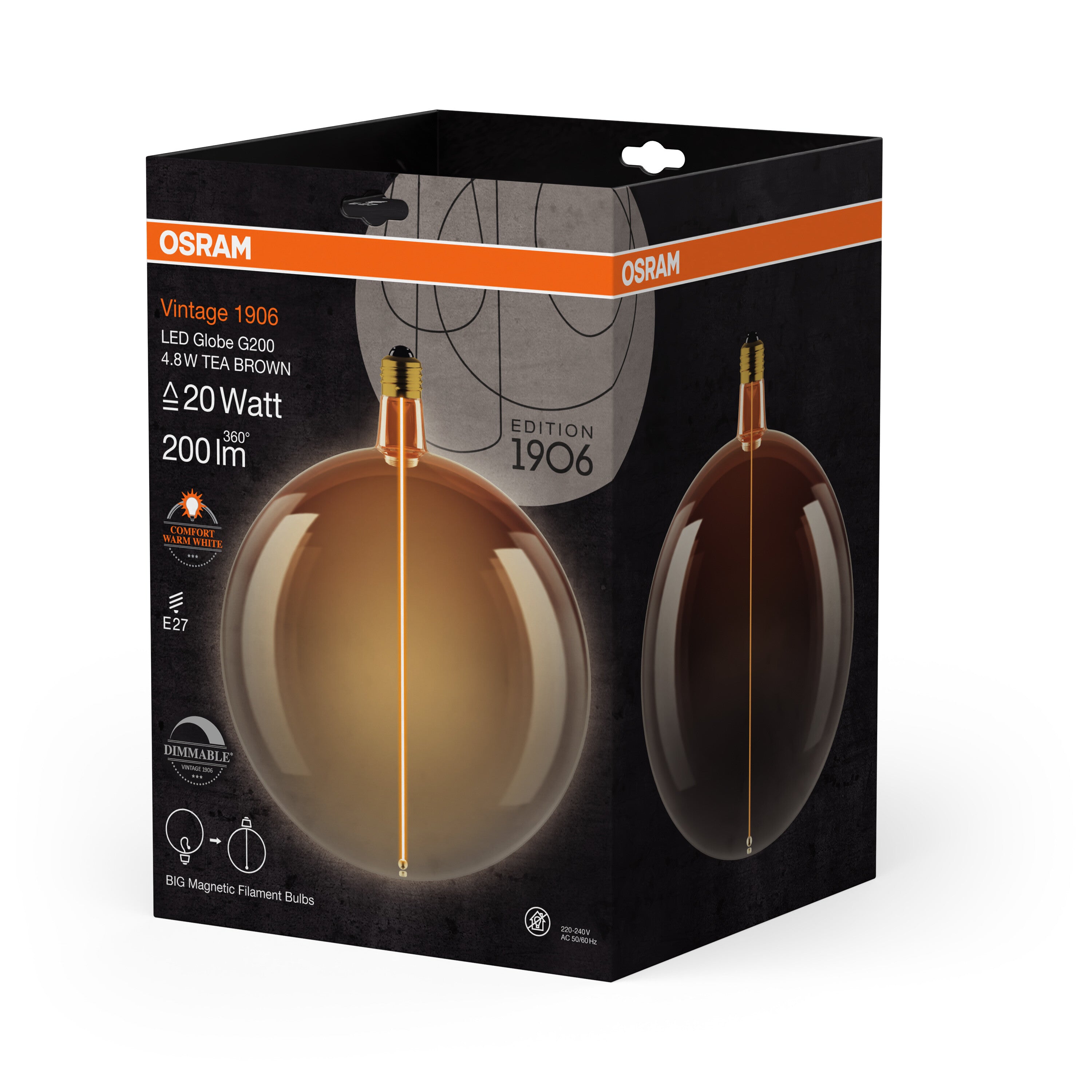 OSRAM Vintage 1906® LED BIG DECORATIVE BULB WITH FILAMENT-MAGNETIC STYLE LED-Lampe Tea Brown, dimmbar, 4.8W, E27, GLOBE , Comfort warm white-Leuchtmittel-LEDVANCE Shop