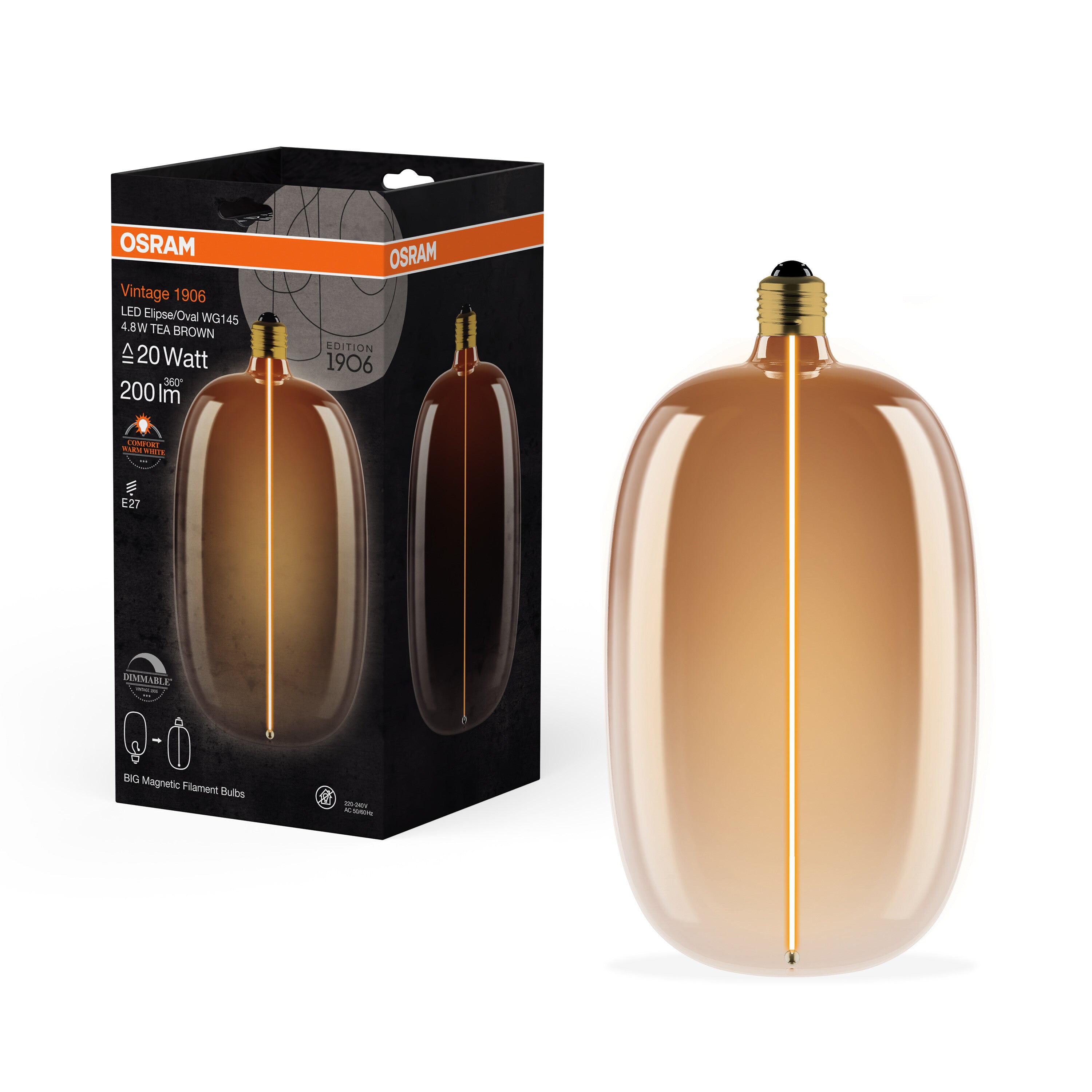 OSRAM Vintage 1906® LED BIG DECORATIVE BULB WITH FILAMENT-MAGNETIC STYLE LED-Lampe Tea Brown, dimmbar, 4.8W, ELIPSE OVAL , Comfort warm white-Leuchtmittel-LEDVANCE Shop