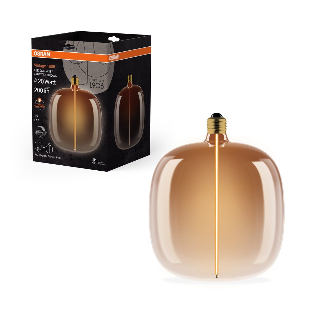 OSRAM Vintage 1906® LED BIG DECORATIVE BULB WITH FILAMENT-MAGNETIC STYLE LED-Lampe Tea Brown, dimmbar, 4.8W, E27, OVAL , Comfort warm white-Leuchtmittel-LEDVANCE Shop