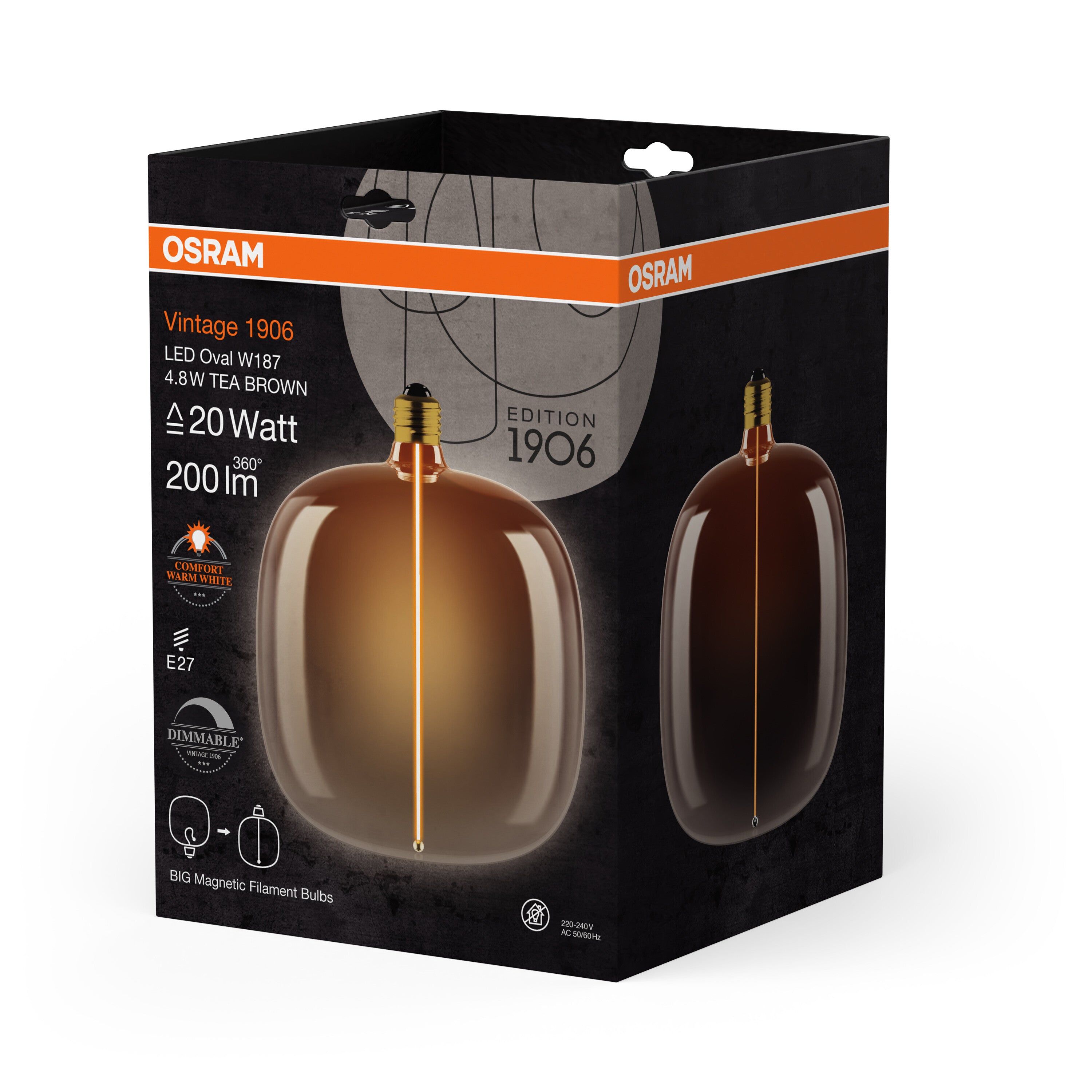 OSRAM Vintage 1906® LED BIG DECORATIVE BULB WITH FILAMENT-MAGNETIC STYLE LED-Lampe Tea Brown, dimmbar, 4.8W, E27, OVAL , Comfort warm white-Leuchtmittel-LEDVANCE Shop