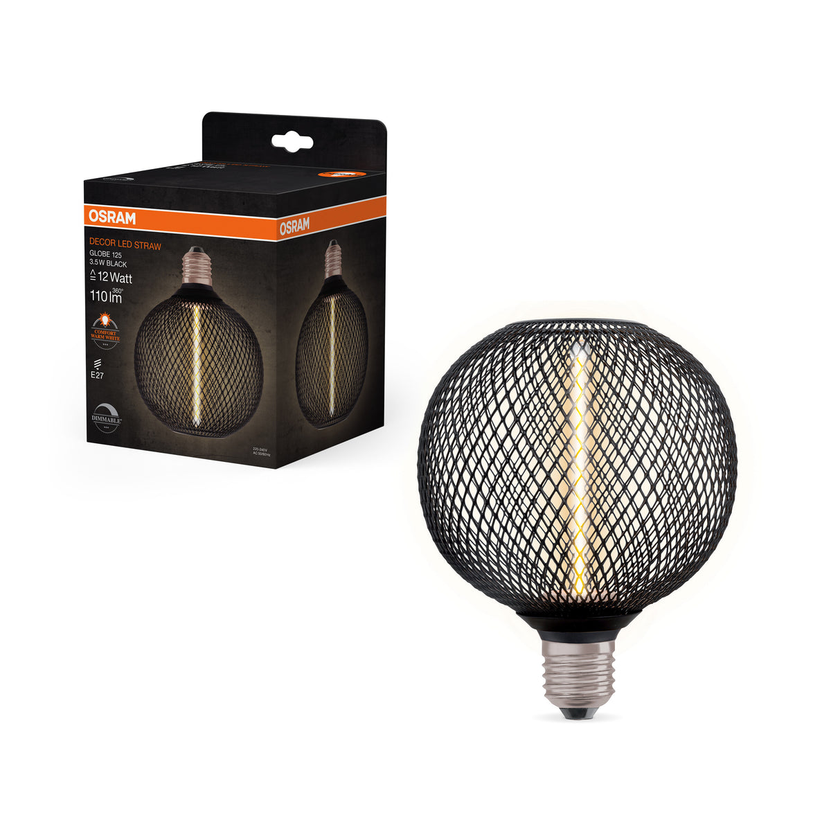 OSRAM DECOR LED Strohfilament Lampe Globe, Schwarz, 3.5W, 110lm , Comfort warm white , E27-LEDVANCE Shop