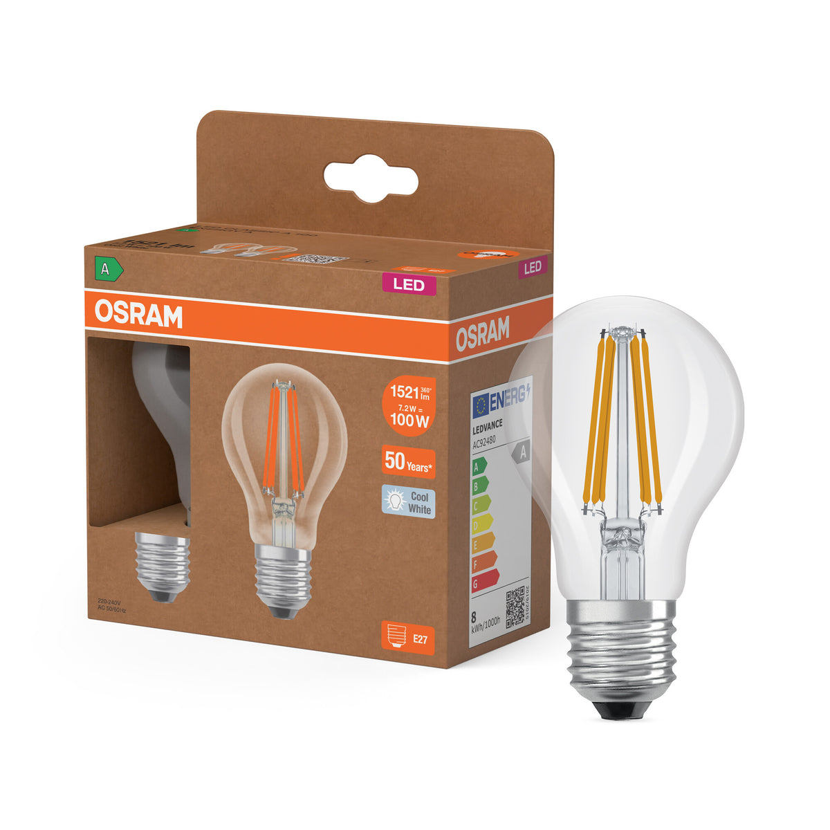 OSRAM LED-LAMPEN ENERGIEKLASSE A ENERGIE-EFFICIËNTIE FILAMENT CLASSIC A in A-vorm, LED-lamp, loodvrij glas, helder, 7,2 W, 1521 lm, koudwit, energie-efficiëntieklasse: A, set van 2