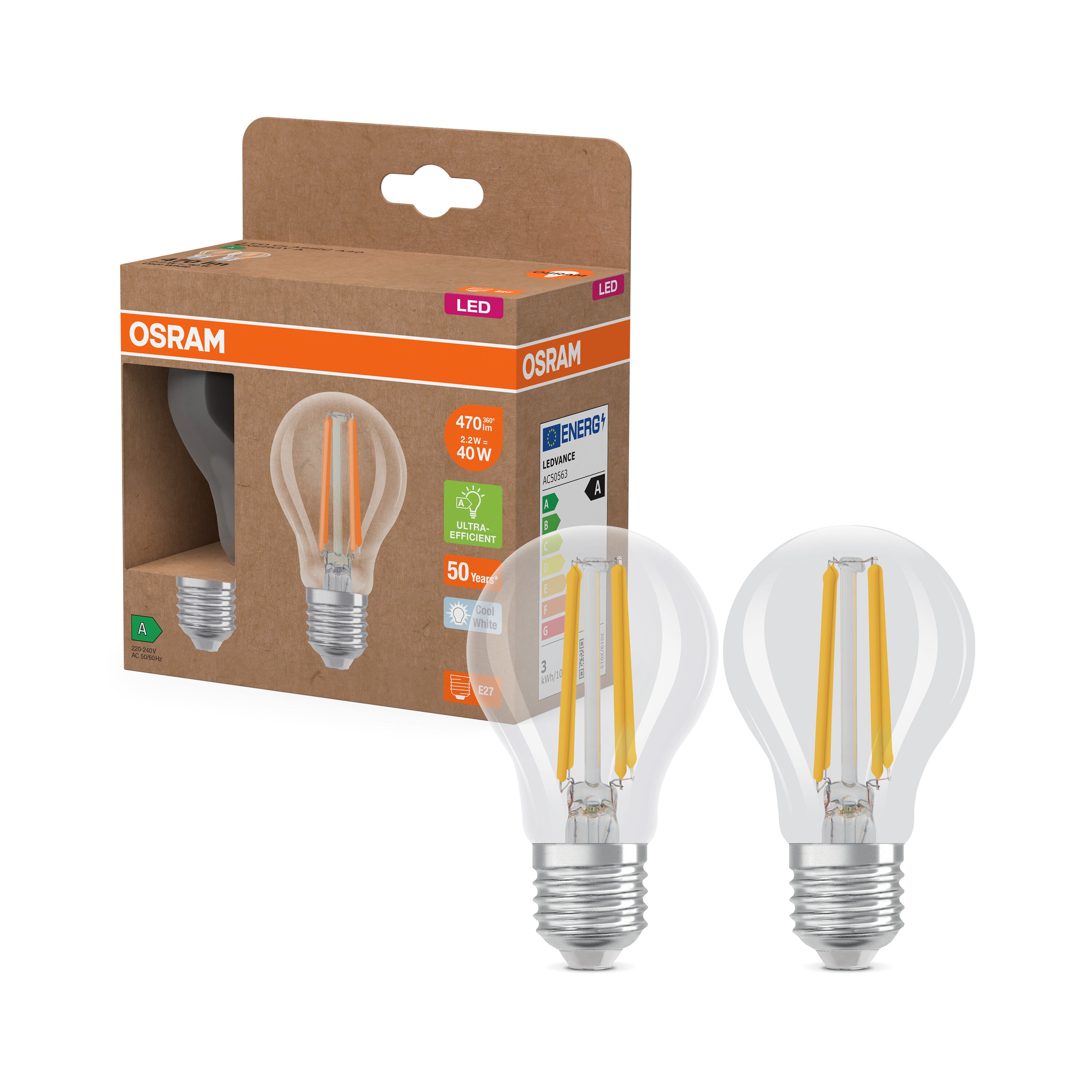 OSRAM Energy Class LED-Lampe, 2.2W, Klar, EEK A, Kaltweiß 2er Pack , Kaltweiß , E27-LEDVANCE Shop