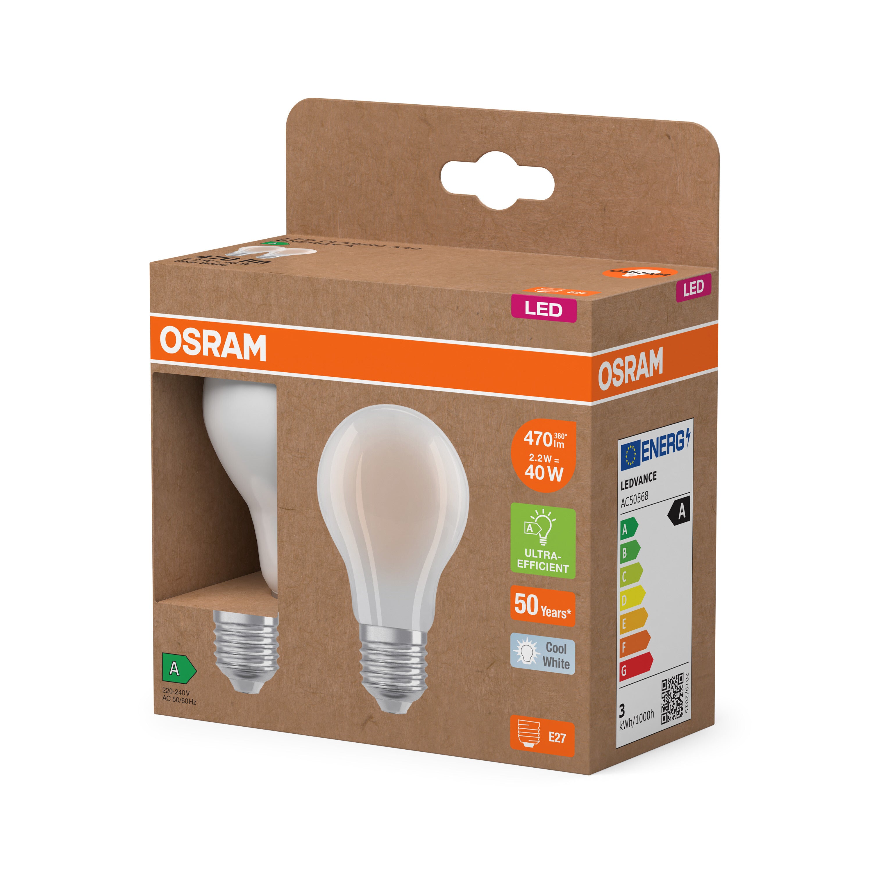OSRAM Energy Class LED-Lampe, Kolben, 2.2W, Frosted, EEK A , Kaltweiß , E27-LEDVANCE Shop