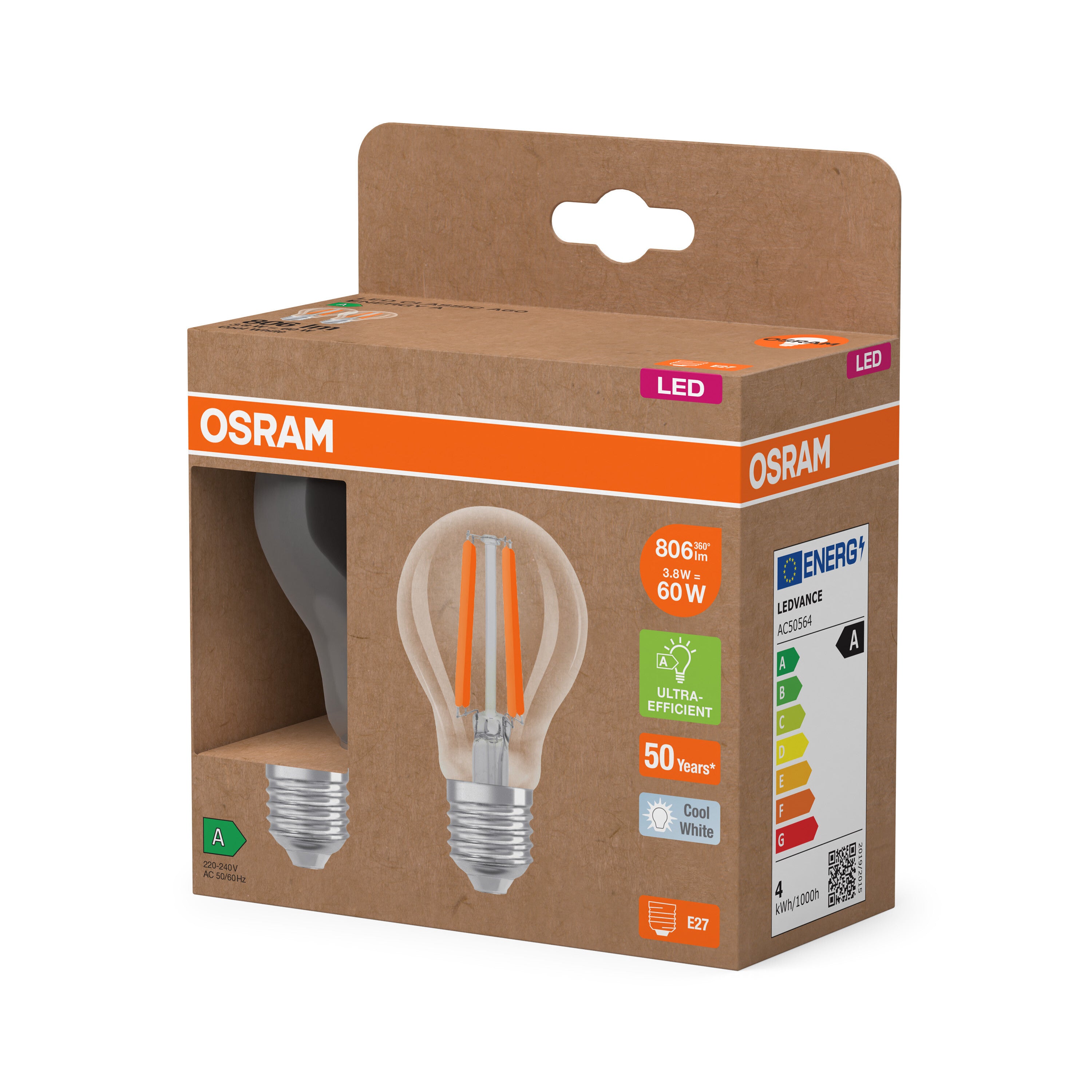 OSRAM Energy Class LED-Lampe, Kolbenform, 3.8W, Klar, EEK A , Kaltweiß , E27-LEDVANCE Shop