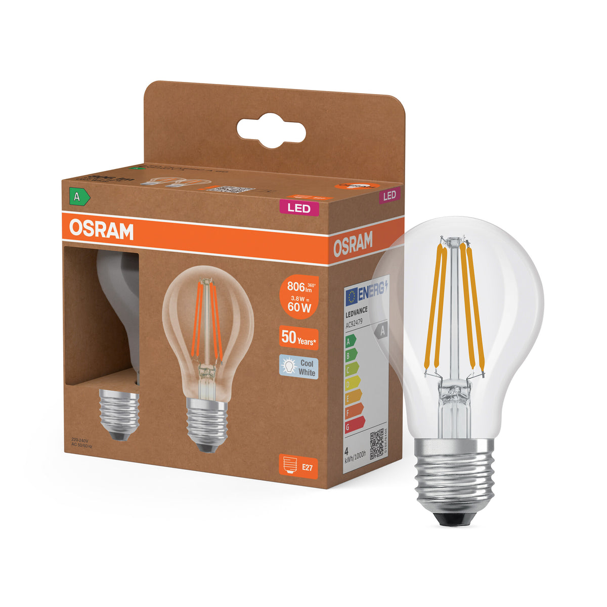 OSRAM LED LAMPS ENERGY CLASS A ENERGY EFFICIENCY FILAMENT CLASSIC A in A-Form, LED-Lampe, Bleifreies Glas, Klar, 3,8 W, 806 lm, Kaltweiß, Energieeffizienzklasse: A, 2er