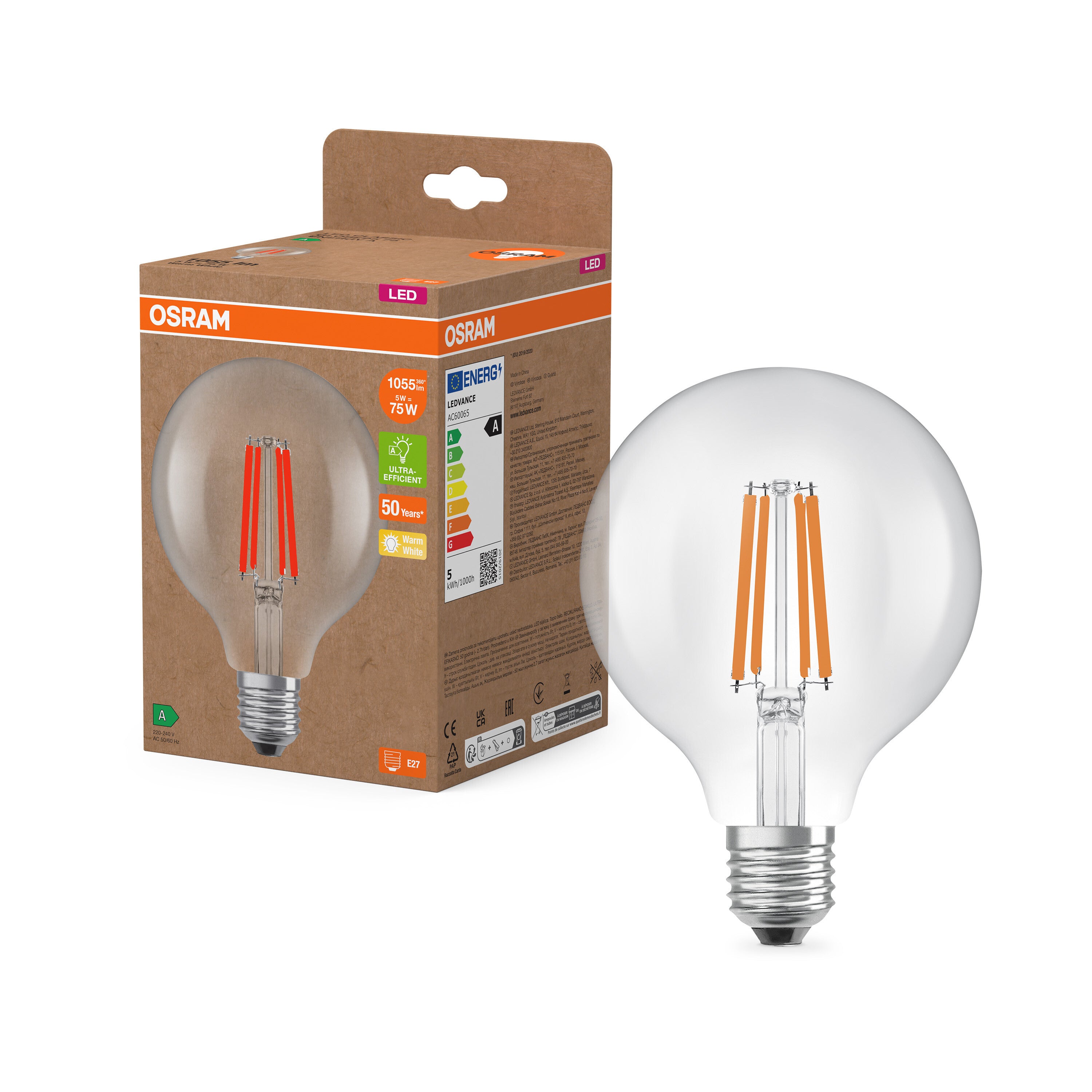 OSRAM LED-Edison-Lampe mit Filament EEK A, E27, 5W, 4000K , Warmweiß-LEDVANCE Shop