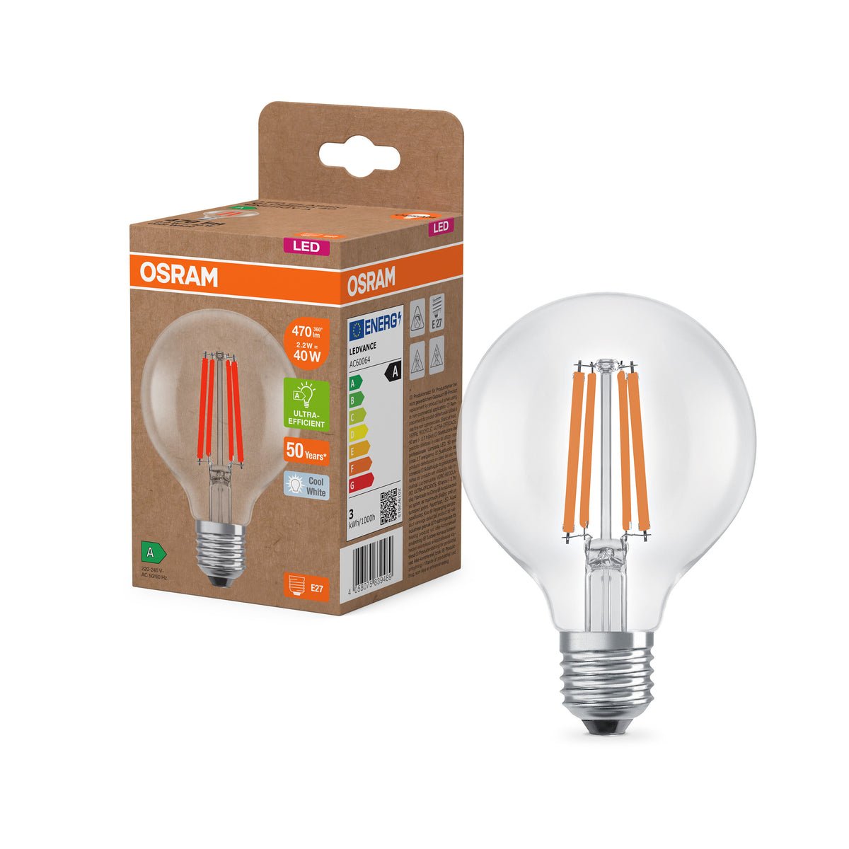 OSRAM LED-Globe-Lampe mit Filament EEK A, E27, 5W, 4000K , Kaltweiß-LEDVANCE Shop