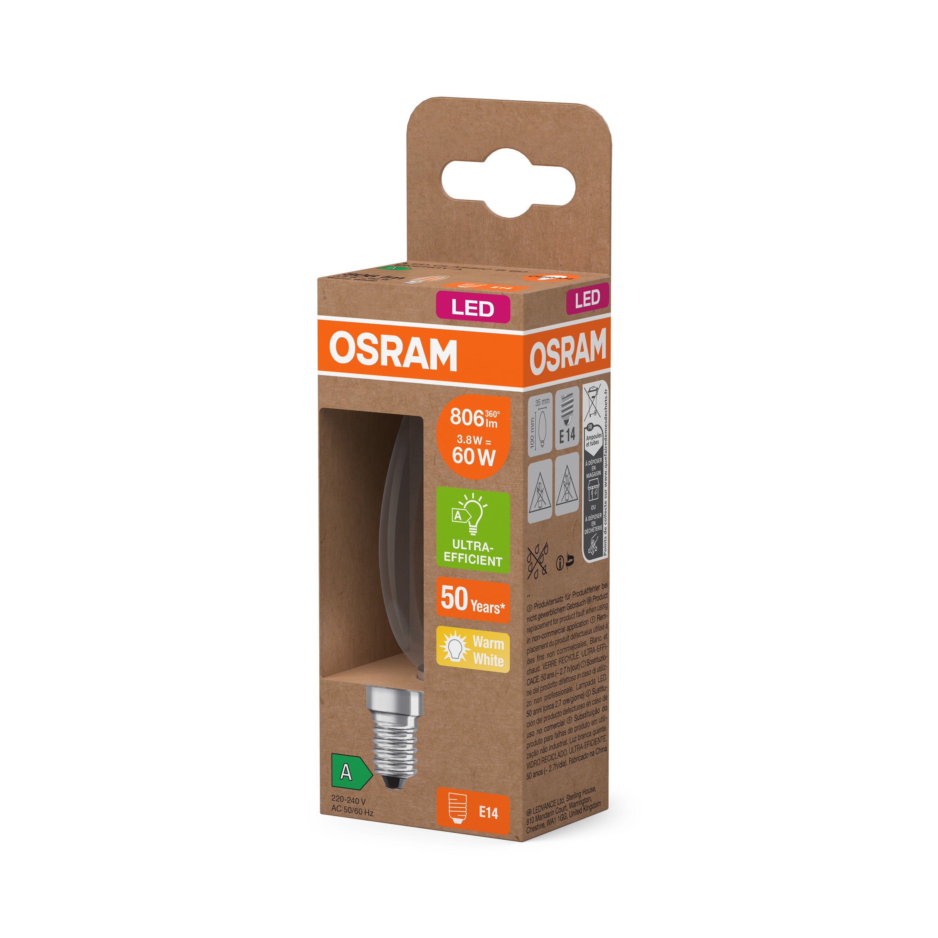 OSRAM Energy Class LED-Lampe, Kerze, 3.8W, Klar, EEK A, E14 , Warmweiß-LEDVANCE Shop