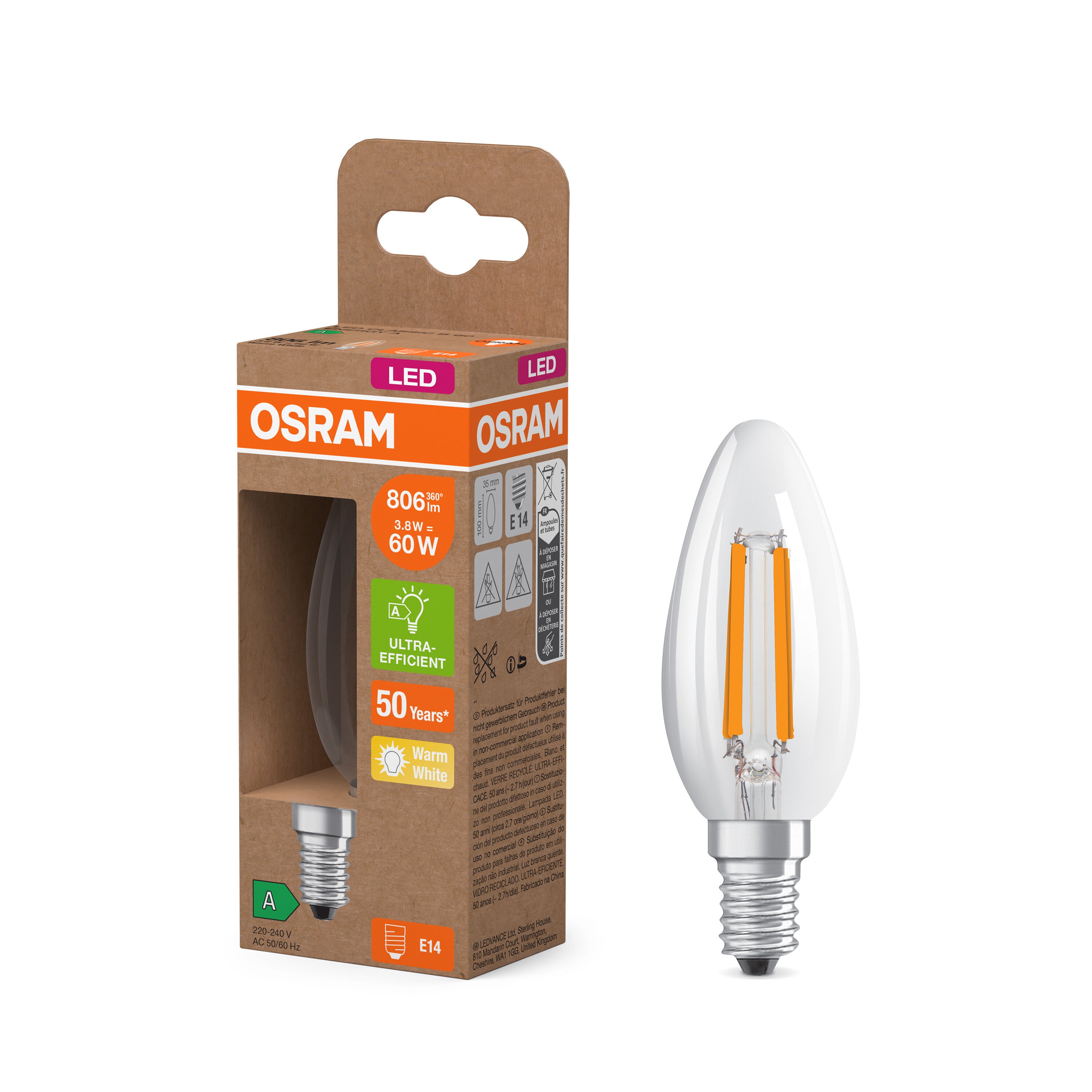 OSRAM Energy Class LED-Lampe, Kerze, 3.8W, Klar, EEK A, E14 , Warmweiß-LEDVANCE Shop