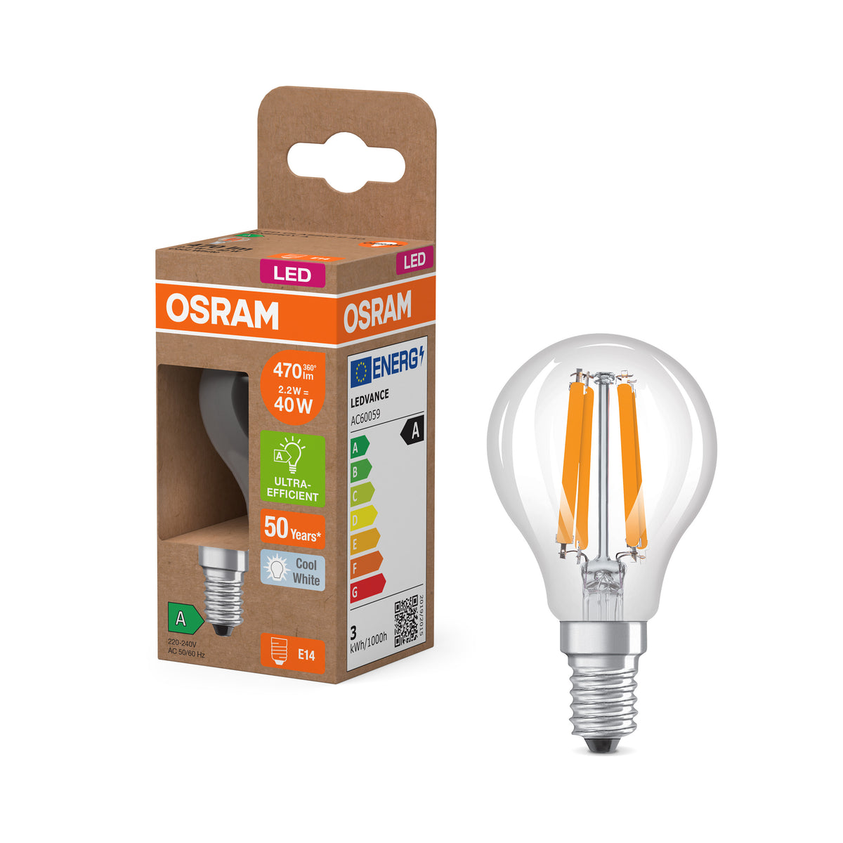 OSRAM Energy Class LED-Lampe, Miniball, 2.2W, Klar, EEK A , Kaltweiß , E14-LEDVANCE Shop