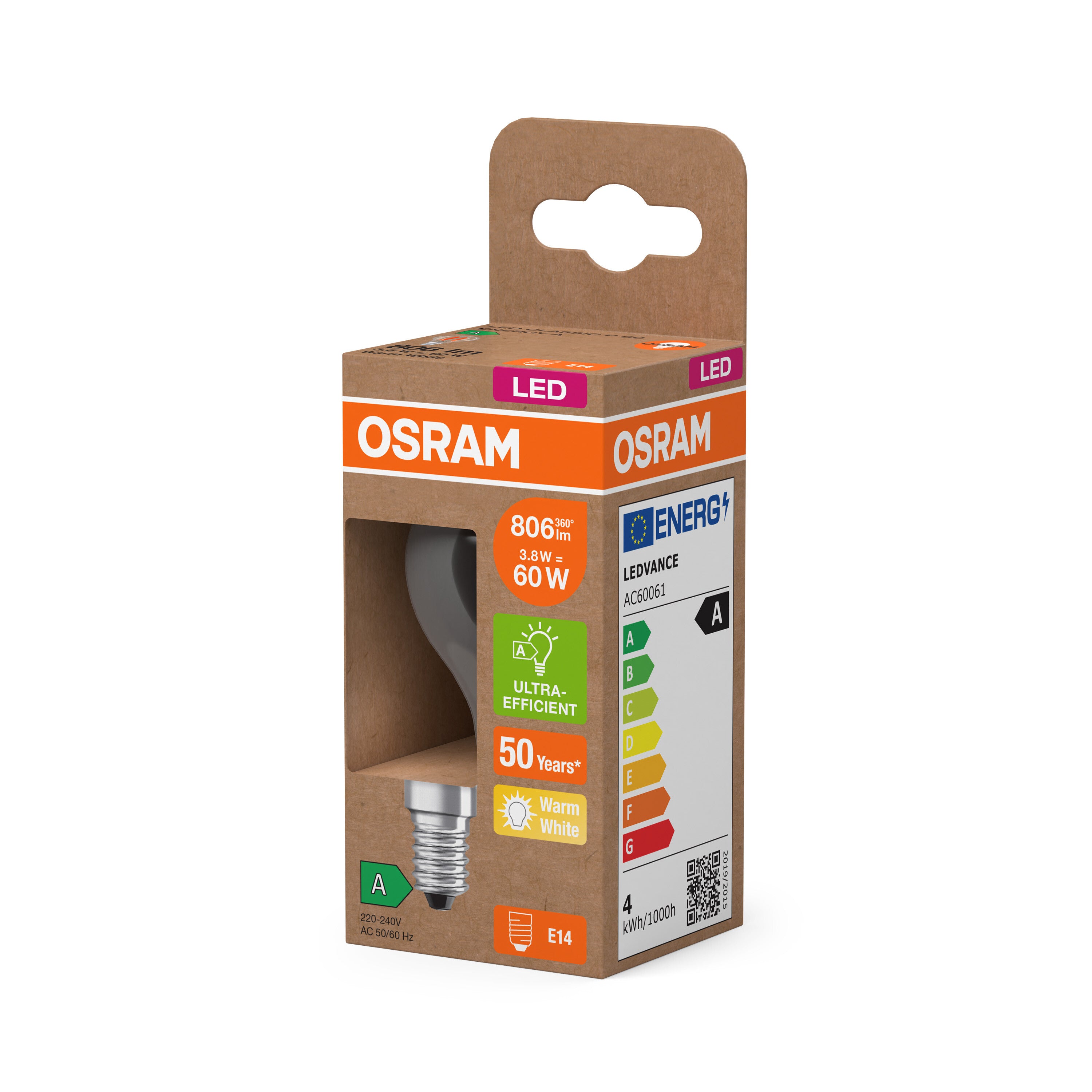 OSRAM Energy Class LED-Lampe, 3.8W, Klar, EEK A, 806lm, E14 , Warmweiß-LEDVANCE Shop