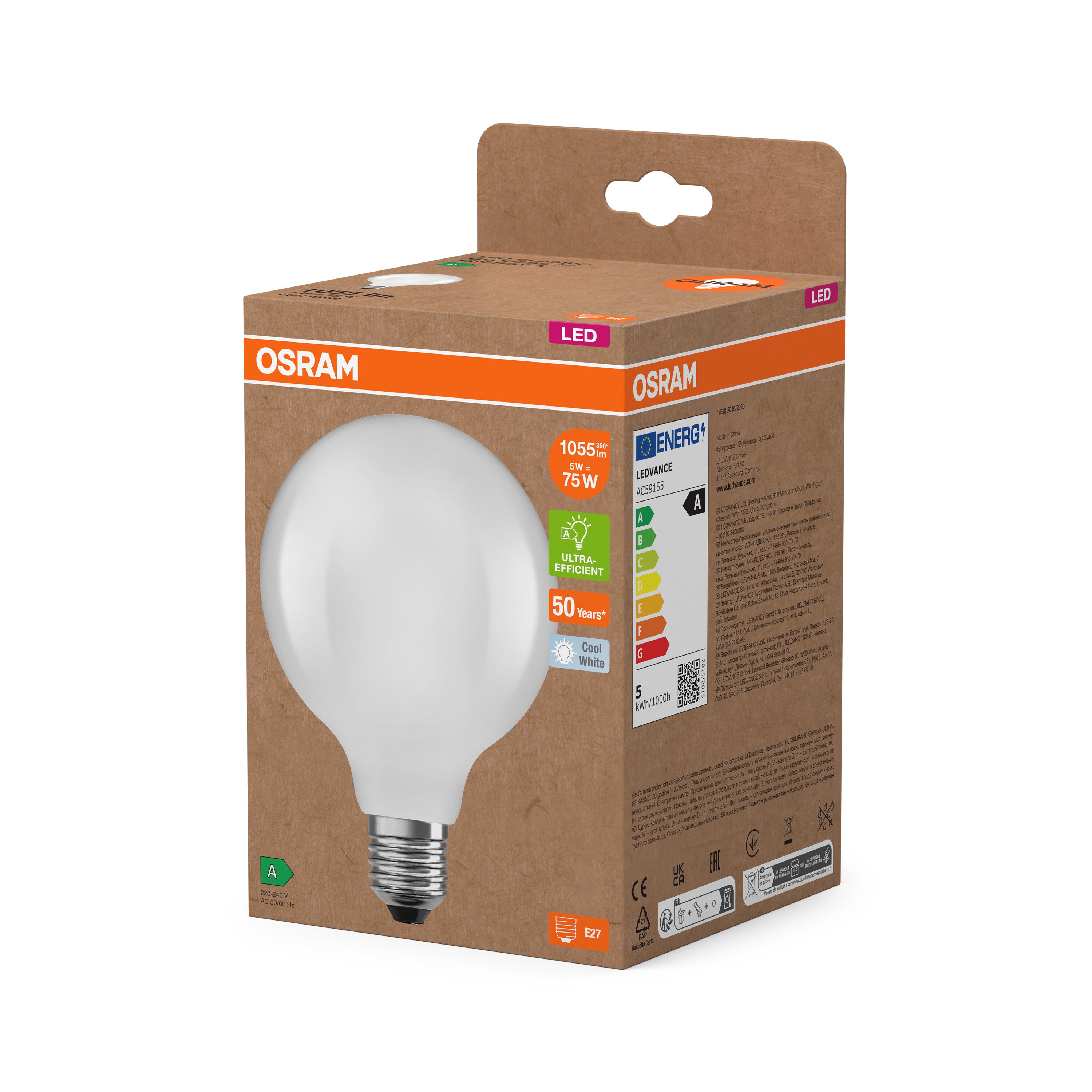 OSRAM LED-Globe-Lampe mit Filament EEK A, E27, 5W, 1055lm , Kaltweiß-LEDVANCE Shop
