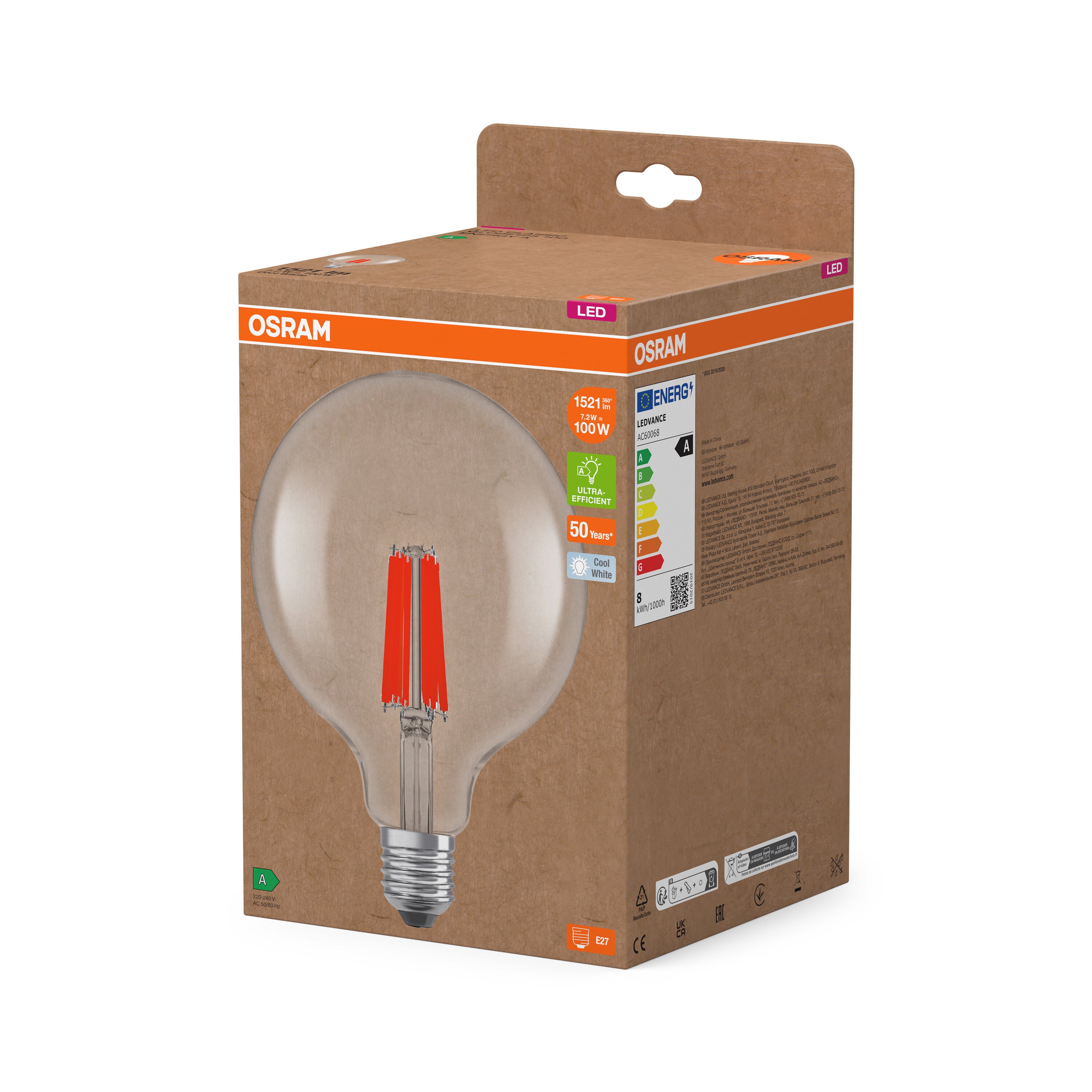 OSRAM LED-Globe-Lampe m. Filament EEK A, E27, 2.2W, 470lm , Kaltweiß-LEDVANCE Shop