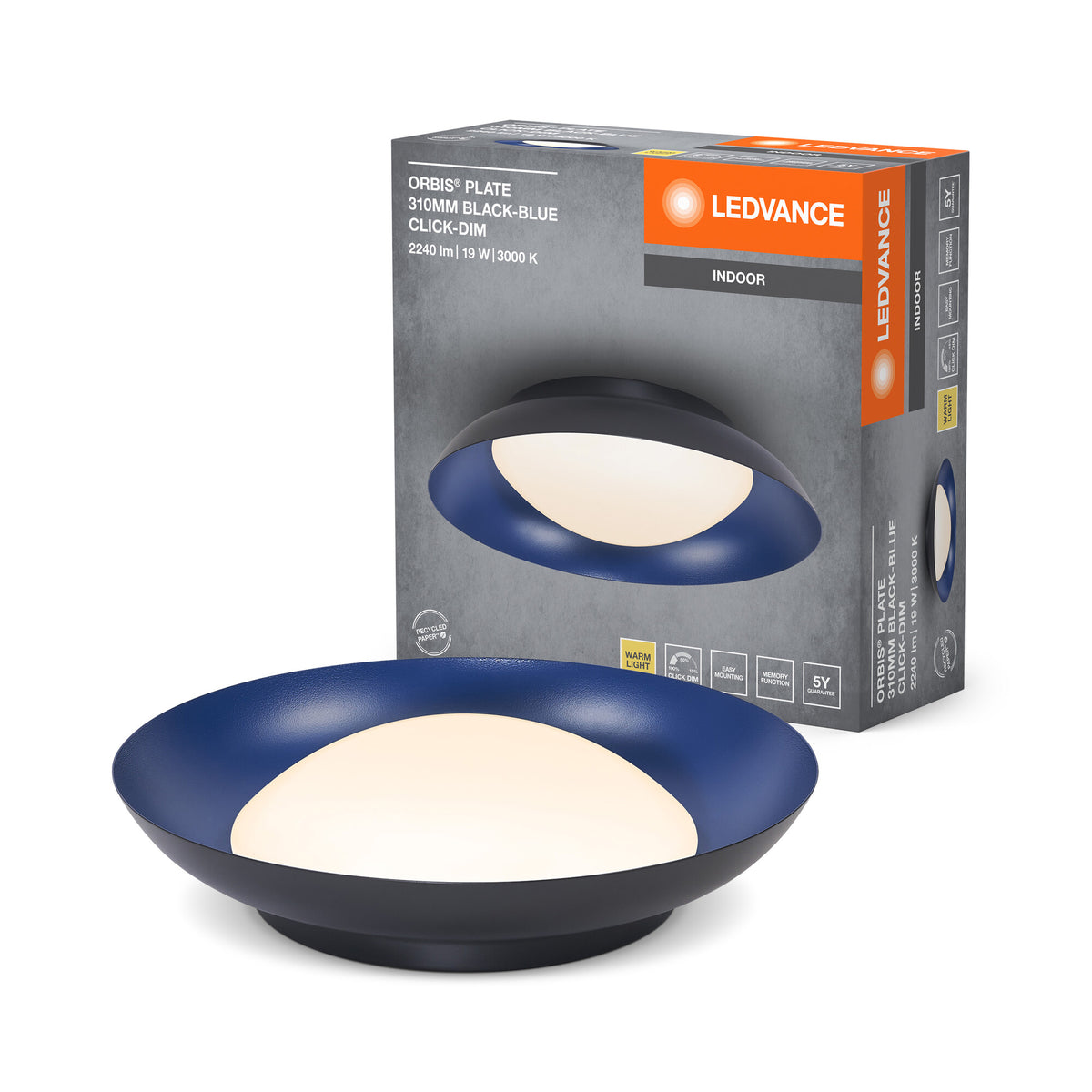 LEDVANCE Orbis Plate LED-plafondlamp, zwart-blauw, 19 W, 1000 lm, 3000 K, 310 mm, 830 vriendelijk warmwit, dimbaar in 3 standen door ertegen te tikken, IP20-bescherming, inclusief montageschroeven en pluggen
